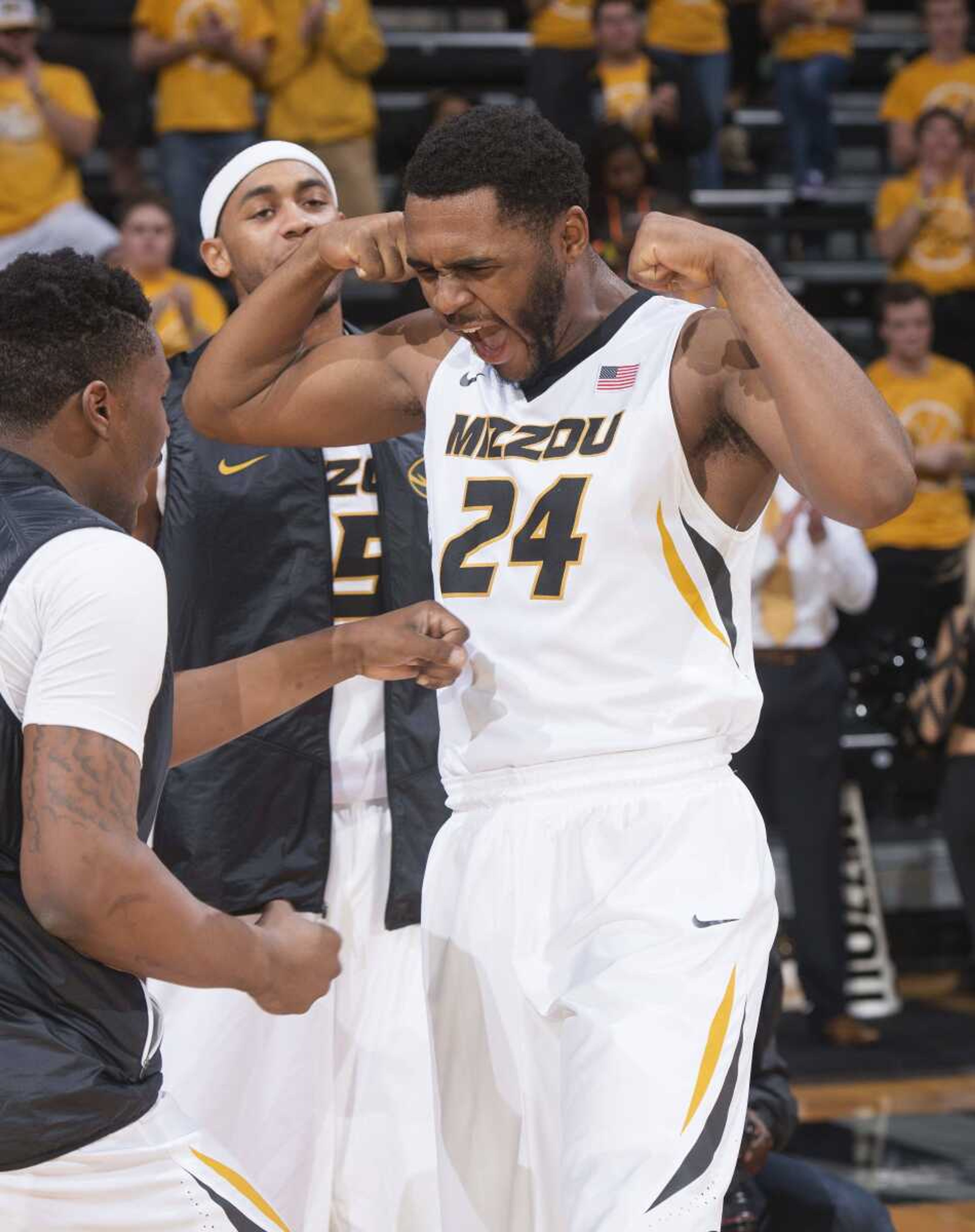 Missouri's Kevin Puryear flexes as he is introduced before the start of Wednesday's game against Omaha in Columbia, Missouri. (L.G. Patterson ~ Associated Press)