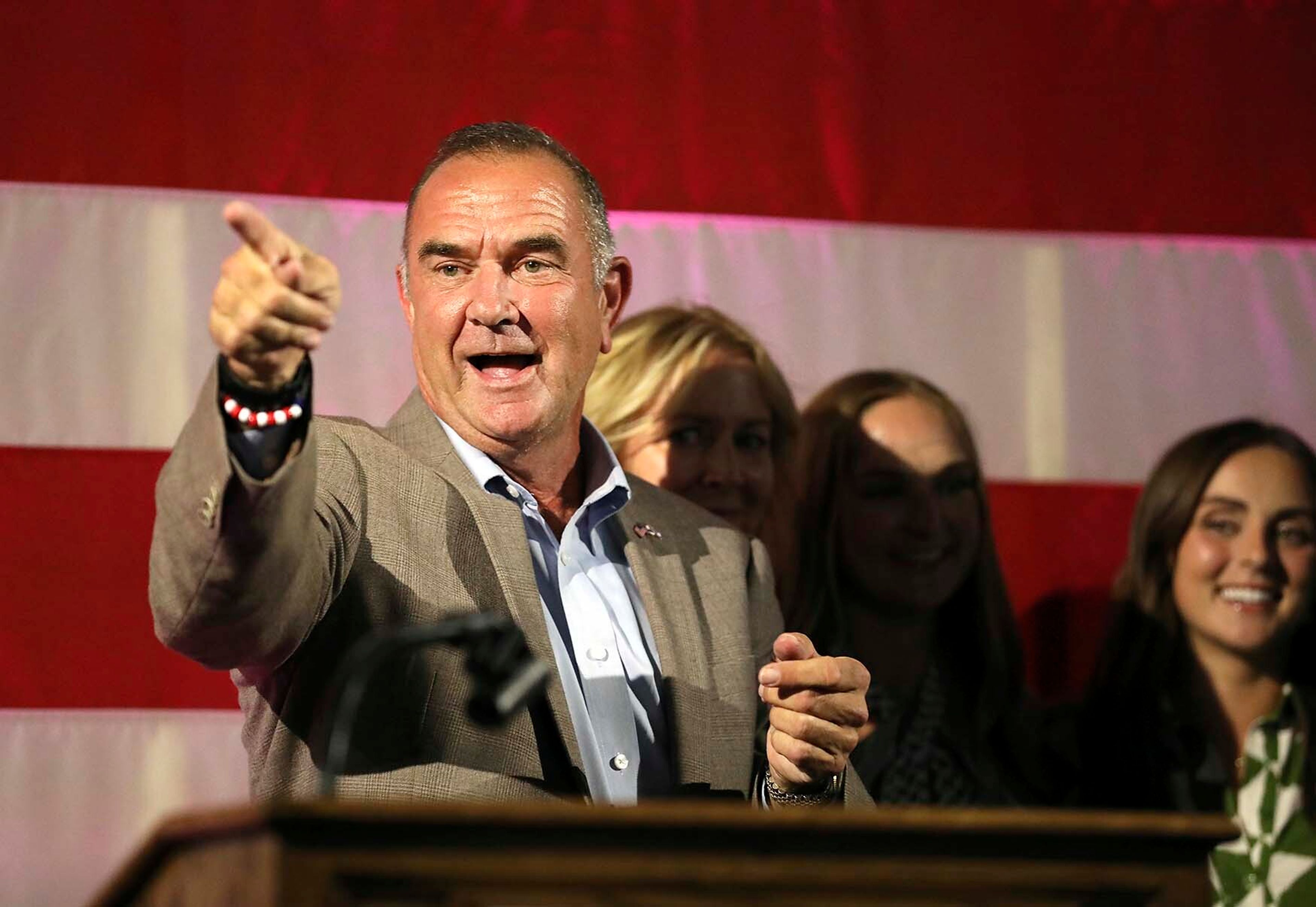 Mike Kehoe points to the crowd after announcing his win of Missouri Governor on Tuesday, Aug. 6, 2024, in Jefferson City, Mo. (Alix Queen/Missourian via AP)