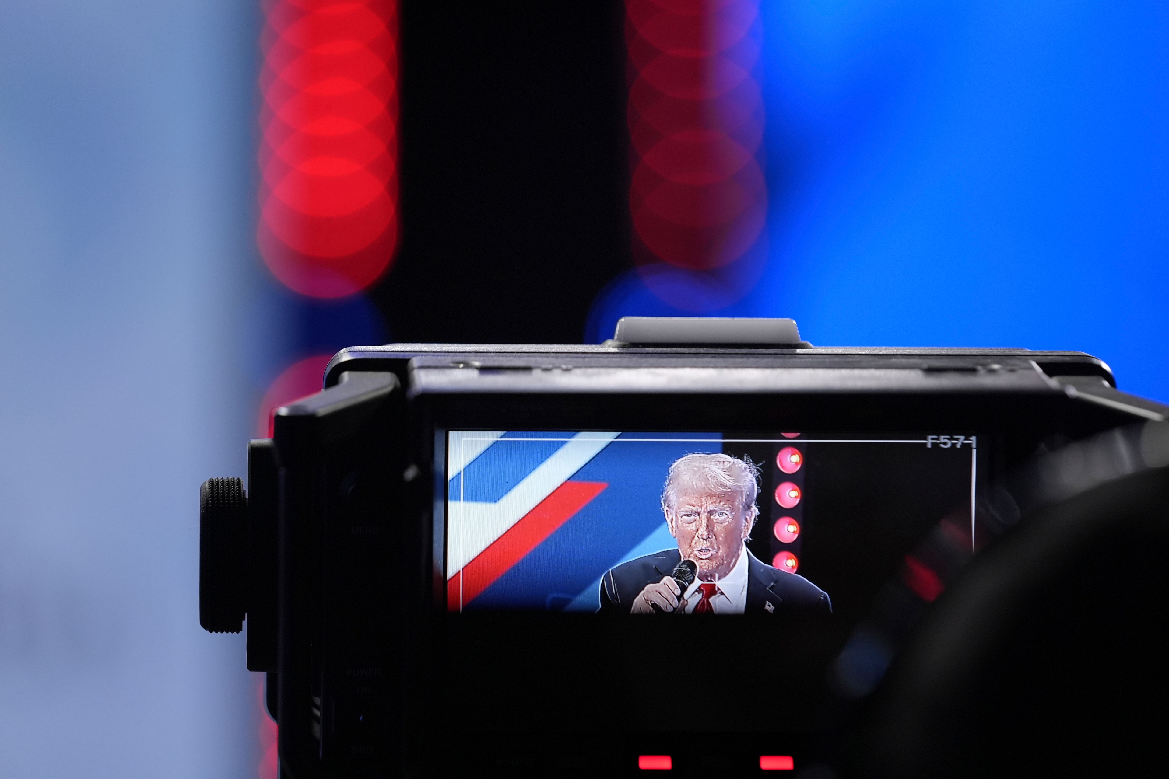 Republican presidential nominee former President Donald Trump speaks during a Univision town hall, Wednesday, Oct. 16, 2024, in Doral, Fla., as seen through a camera monitor. (AP Photo/Alex Brandon)