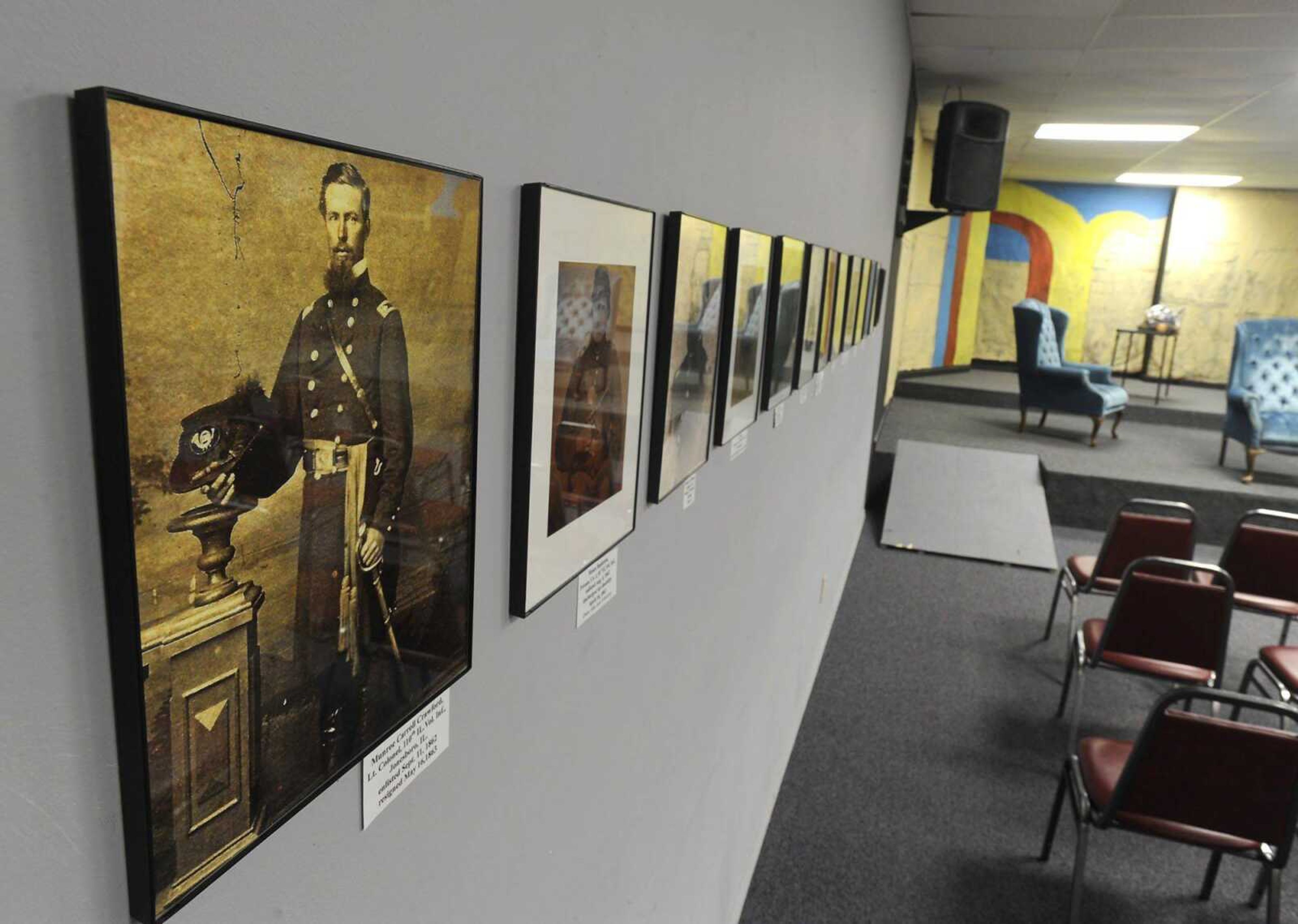 A photograph of Lt. Col. Munroe Carroll Crawford of Jonesboro, Ill. is among the Glen Bishop collection of photos of Southern Illinois Union soldiers on display at the Anna Arts Center's performing arts building, as seen Thursday, Jan. 30, 2014 in Anna, Ill. Crawford was a member of the 110th Illinois Volunteer Infantry from 1862-1863. (Fred Lynch)