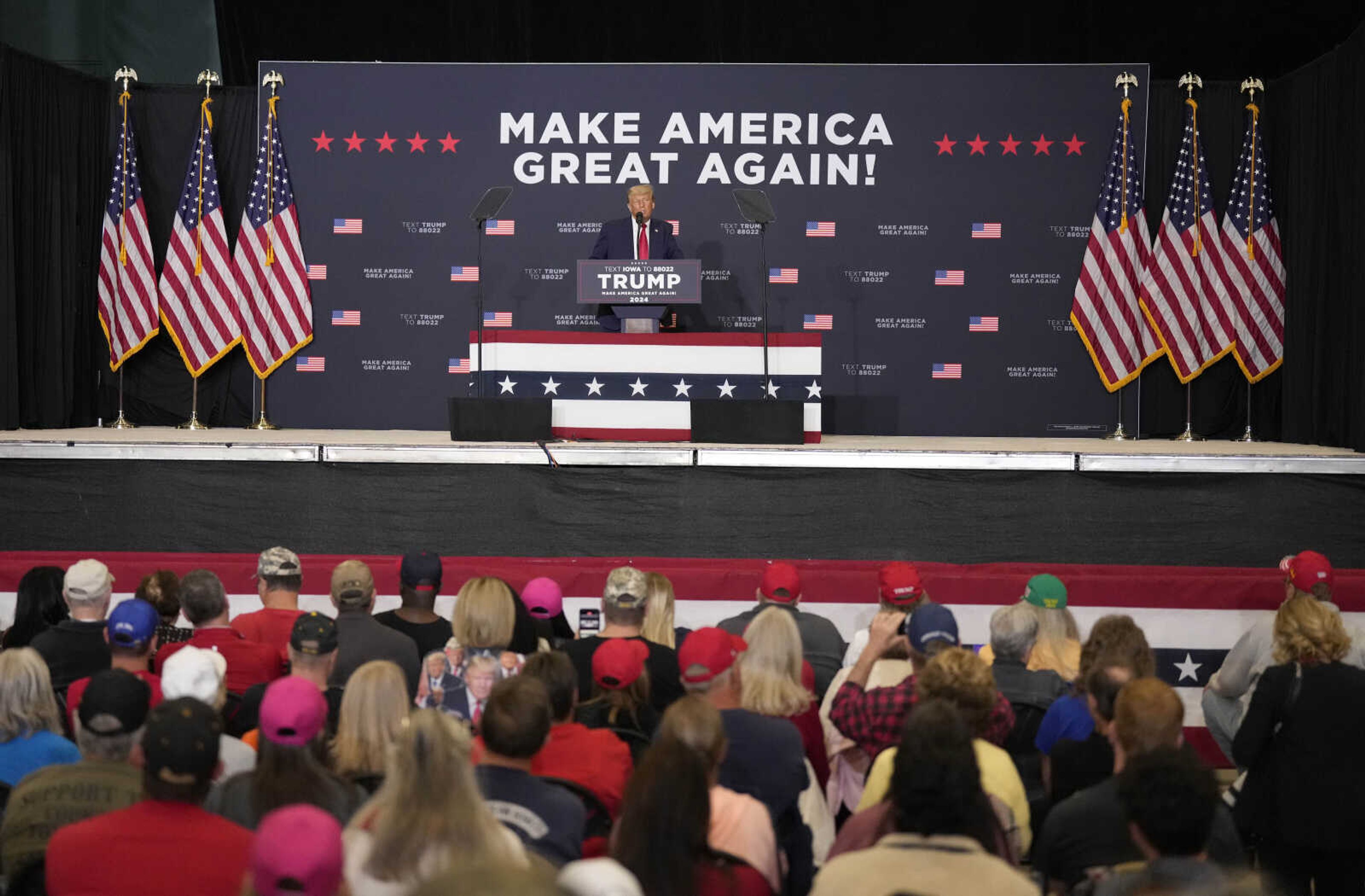 Former President Donald Trump speaks during a campaign rally, Monday, Oct. 16, 2023, in Clive, Iowa. (AP Photo/Matthew Putney)