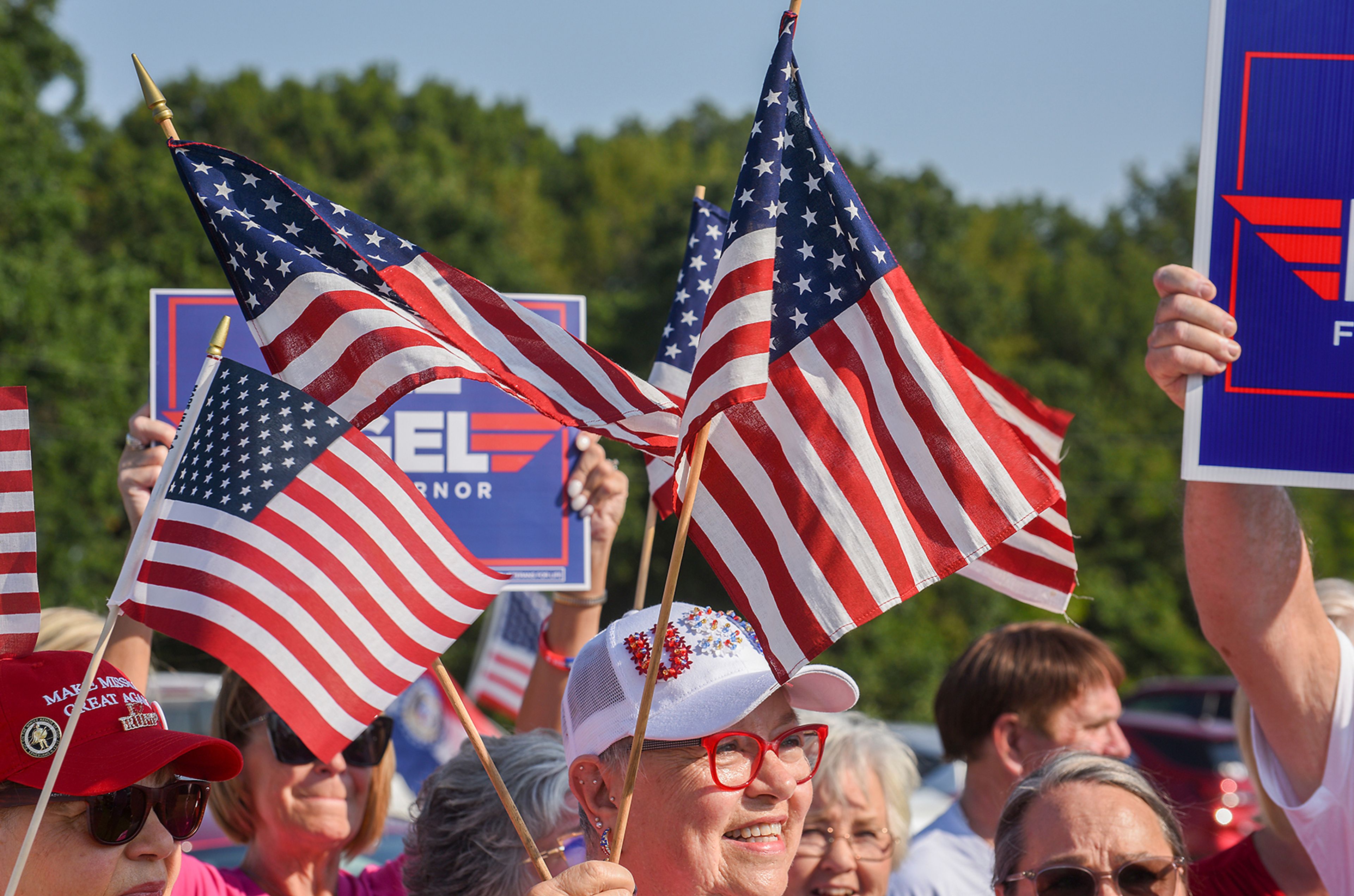 Voters gather in support of Bill Eigel on Monday, Aug. 5, 2024, at Columbia Jet Center in Columbia. (Sarah Voyles/Missourian via AP)