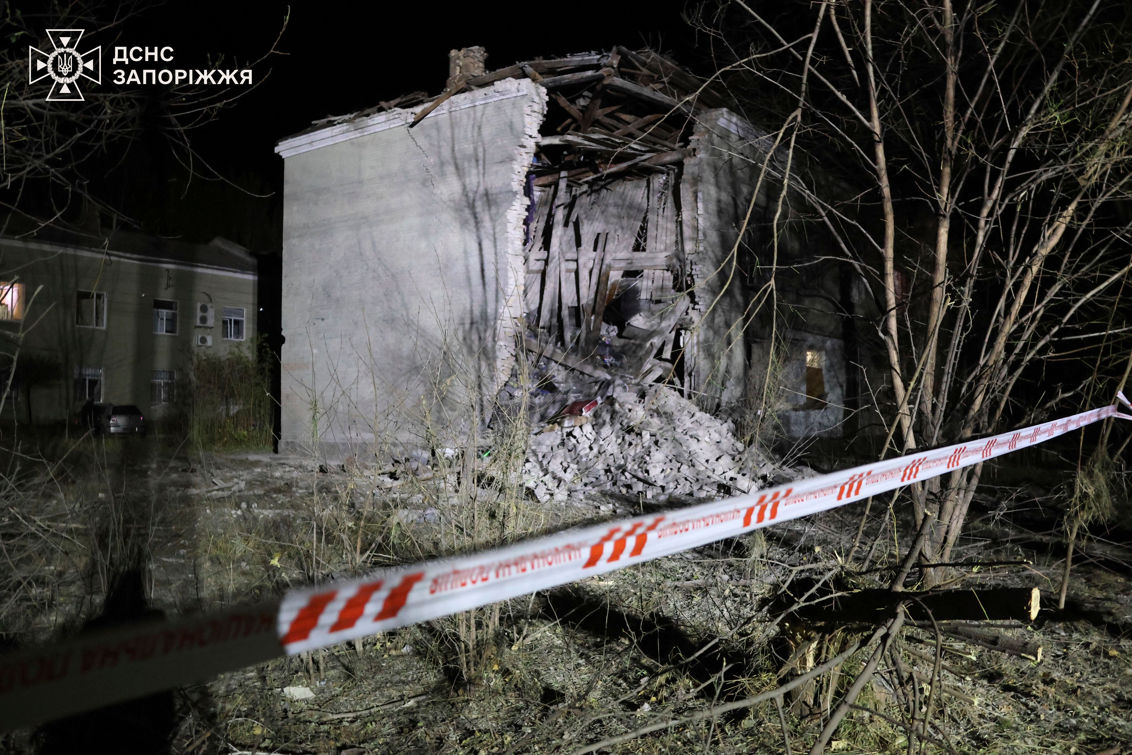 In this image provided by the Ukrainian Emergency Service on Monday, Nov. 11, 2024, a building is seen destroyed by a Russian attack in Zaporizhzhia, Ukraine. (Ukrainian Emergency Service via AP)