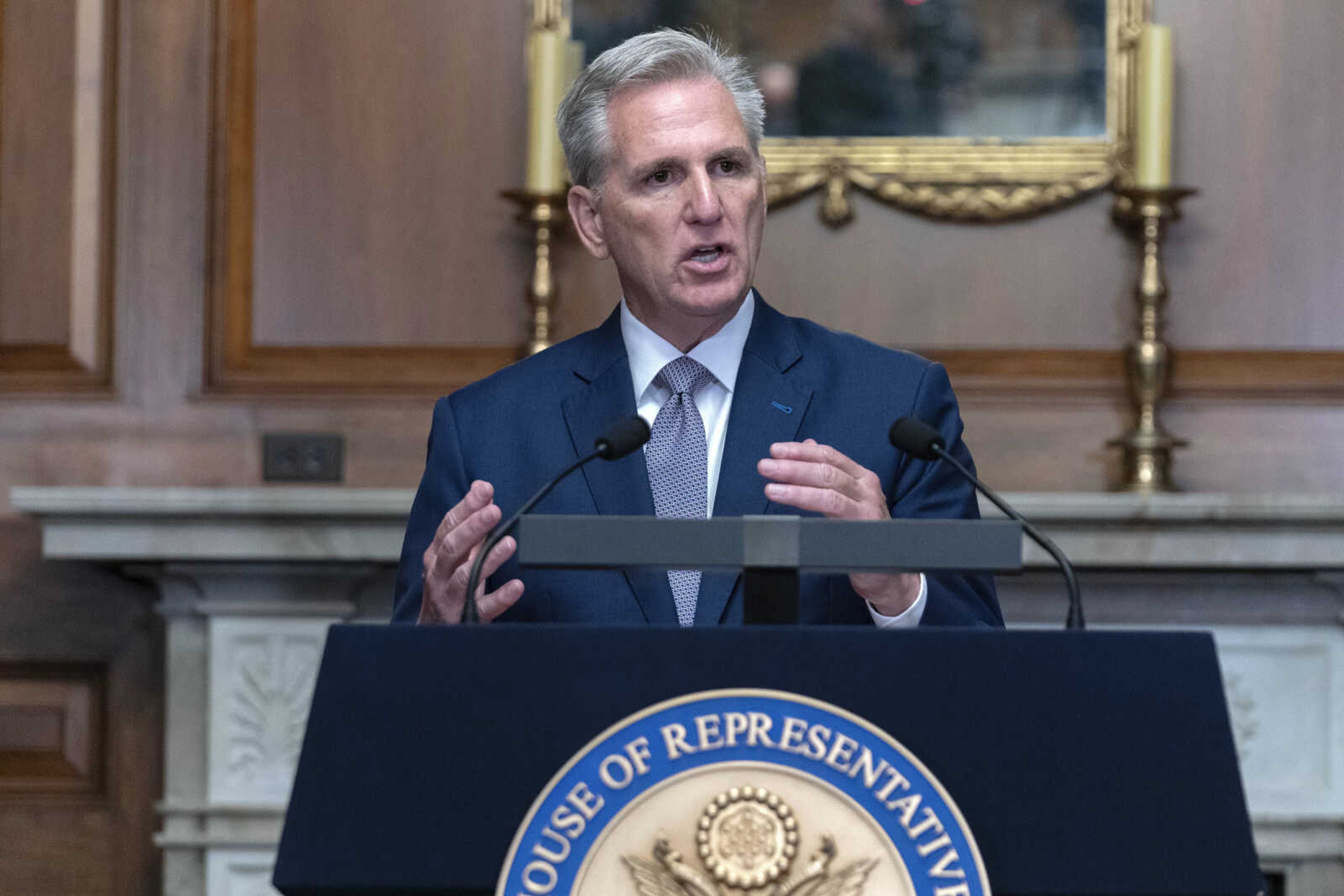 FILE - Former Speaker of the House Rep. Kevin McCarthy, R-Calif., speaks during a news conference at the Capitol in Washington, Oct. 9, 2023. Dysfunction within the Republican Party isn t limited to the leadership chaos in the House of Representatives playing out in the nation's capital. The hard-right forces that increasingly steer the direction of the GOP also have gained strength in numerous state legislatures, making it virtually impossible for the party to effectively governor even in states where it has the majority. (AP Photo/Jose Luis Magana, File)