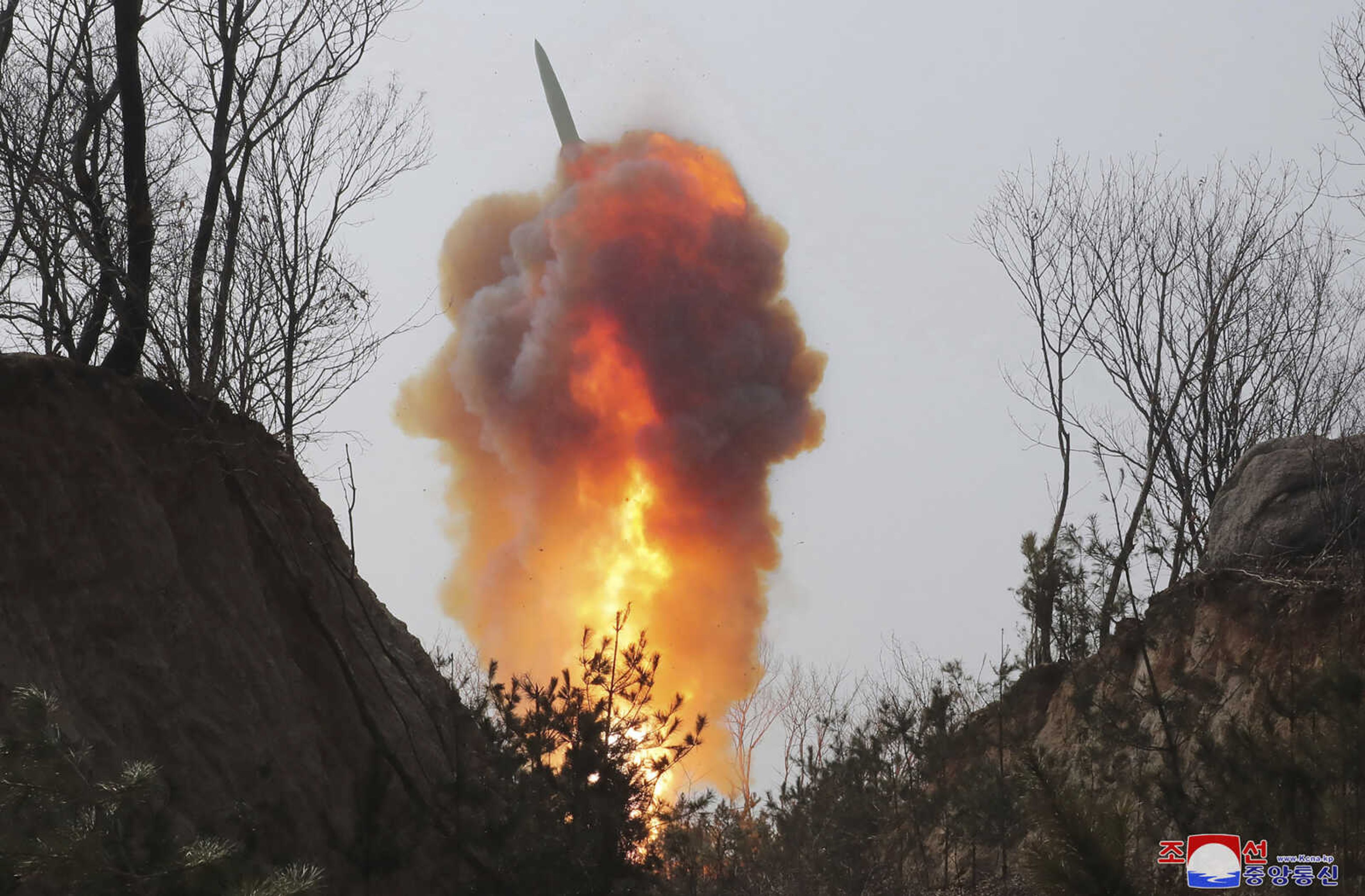 This photo provided by the North Korean government shows what it says is a ballistic missile Sunday in North Pyongan Province, North Korea. North Korea says its ballistic missile launch over the weekend simulated a nuclear attack against South Korea. Independent journalists were not given access to cover the event depicted in this image distributed by the North Korean government. The content of this image is as provided and cannot be independently verified. Korean language watermark on image as provided by source reads: "KCNA" which is the abbreviation for Korean Central News Agency.