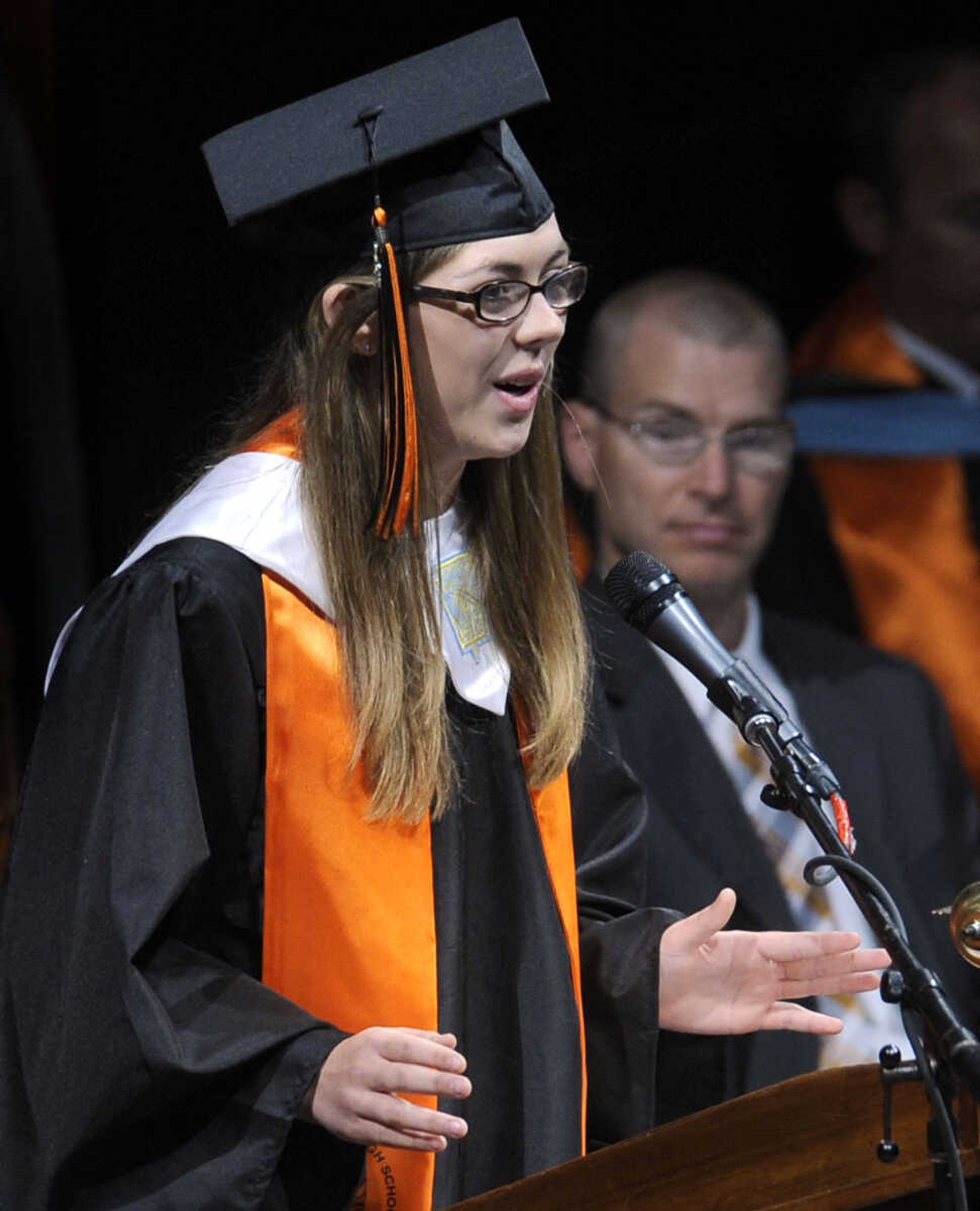 Central High School valedictorian Sarah Elizabeth Nussbaum presents her address during commencement Sunday. (Fred Lynch)