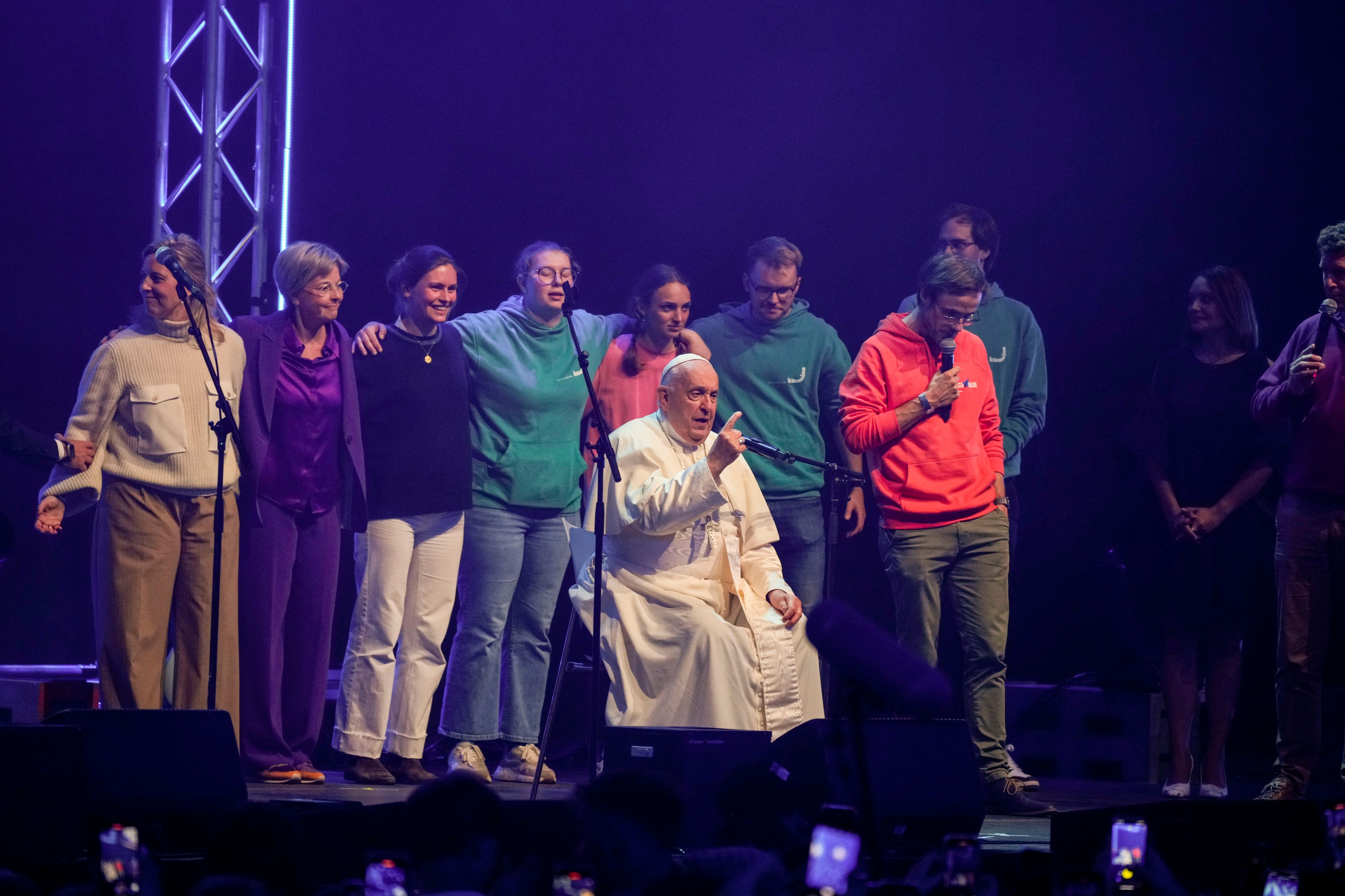 Pope Francis attends the Hope Happening youth festival at the Brussels Expo, Belgium, Saturday, Sept. 28, 2024, on the third day of his four-day visit to Luxembourg and Belgium. (AP Photo/Andrew Medichini)