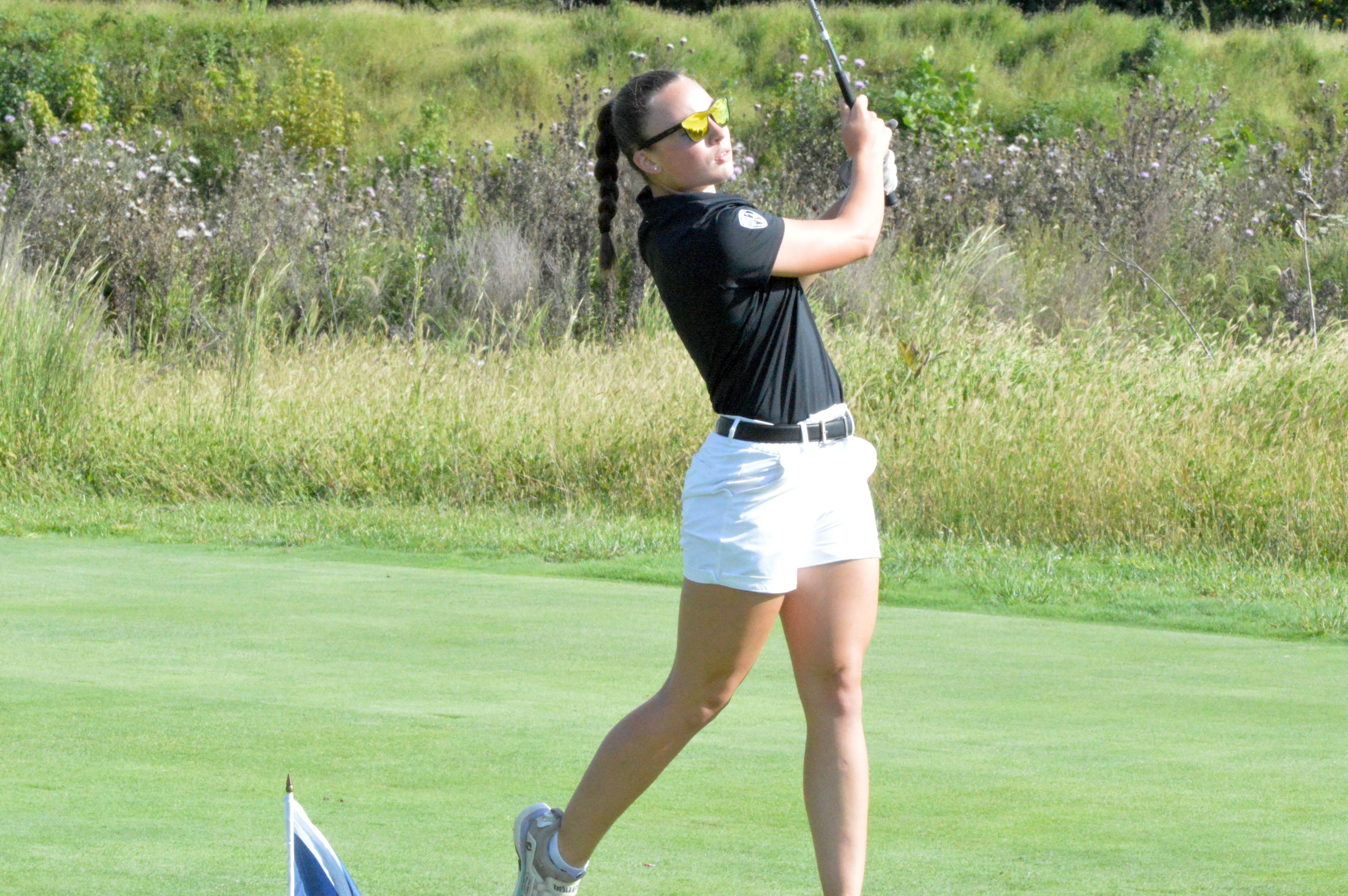 Notre Dame junior Grayson Maurer tees off on the second hole of the quad-meet on Thursday, Sept. 26. 