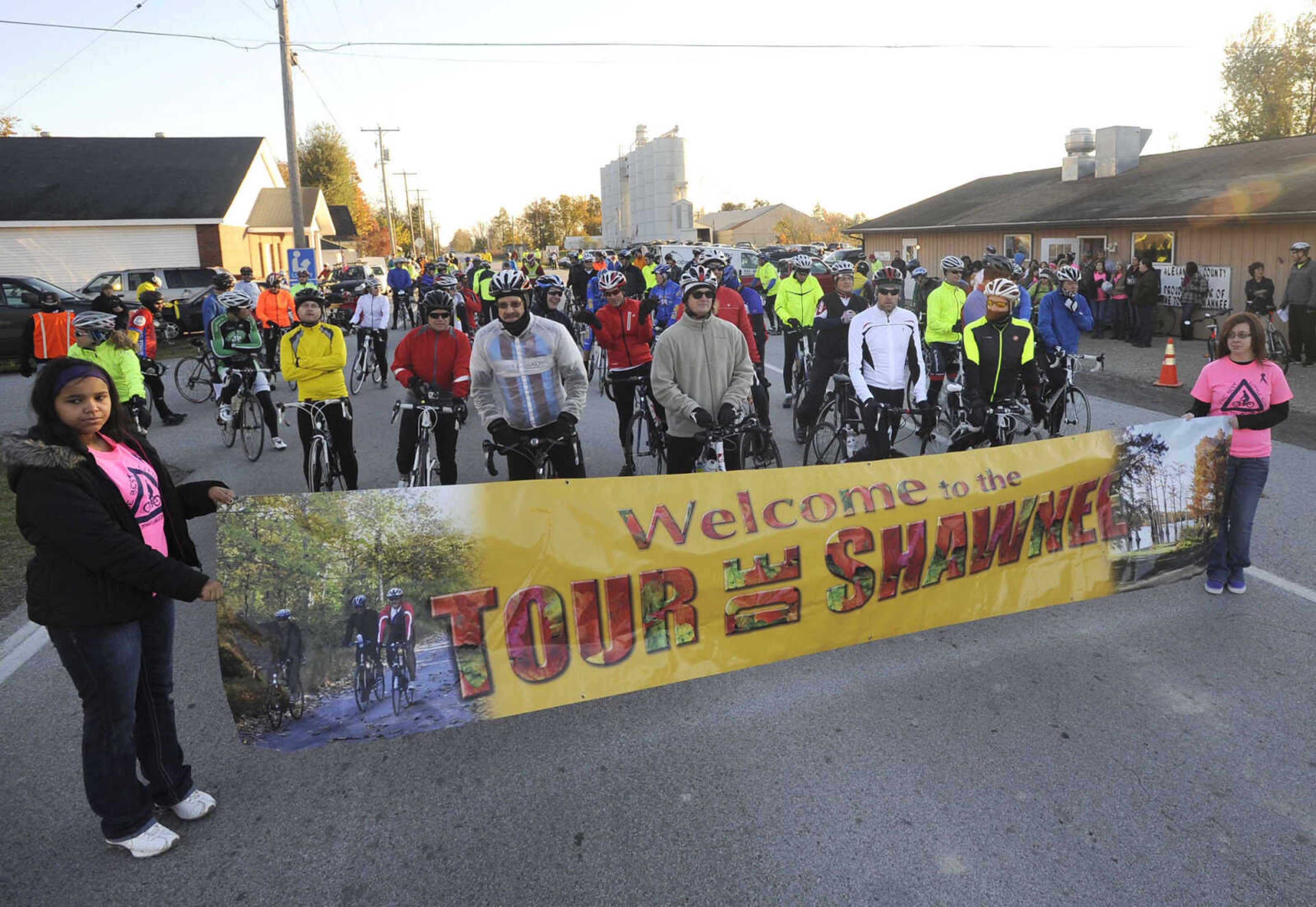 FRED LYNCH ~ flynch@semissourian.com
Riders line up for the start of the Tour de Shawnee bicycle ride Saturday, Oct. 27, 2012 in Olive Branch, Ill.