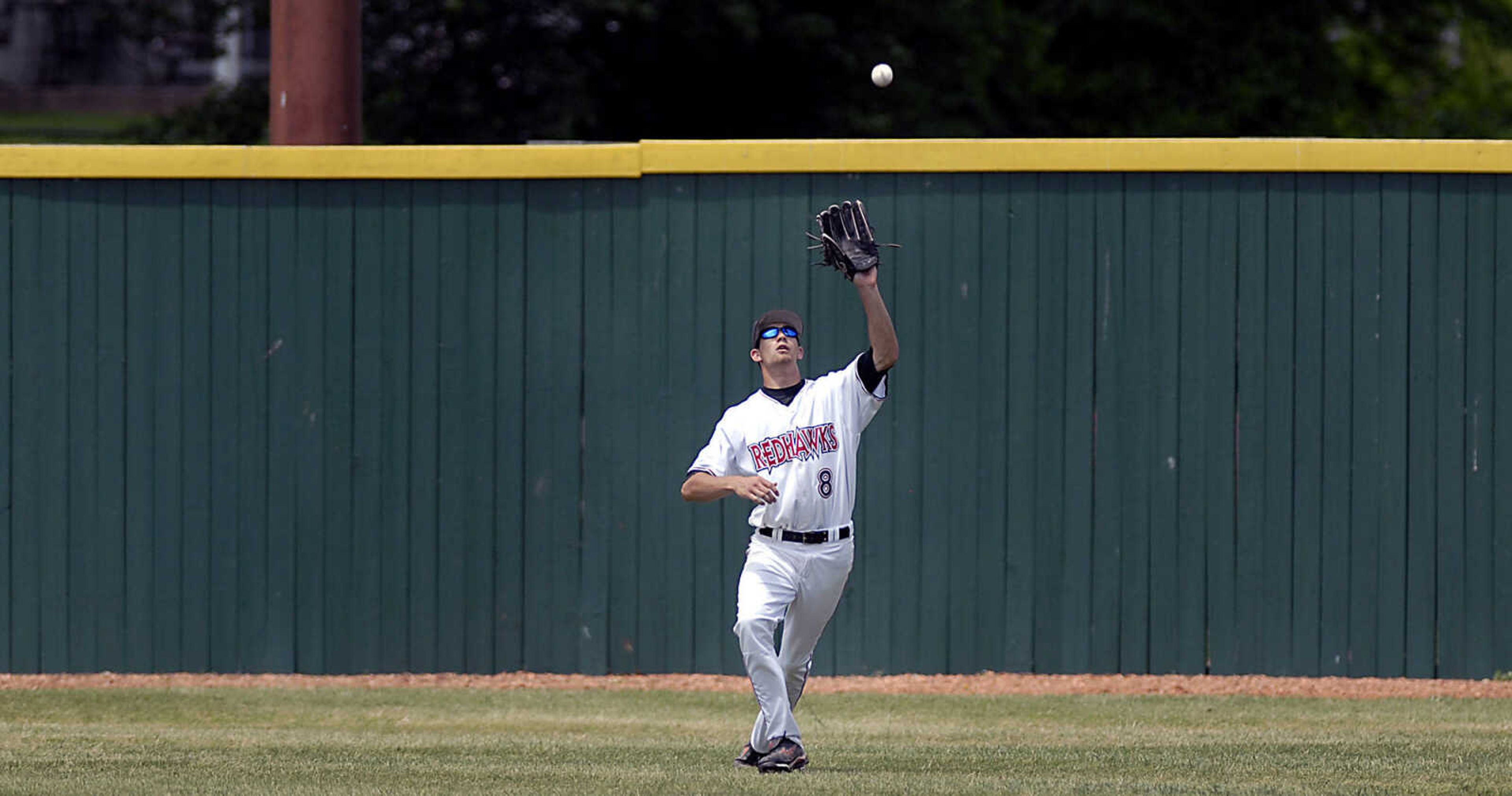 KIT DOYLE ~ kdoyle@semissourian.com
Center fielder Nick Harris pulls in a fly ball Friday, May 15, 2009, at Capaha Field.