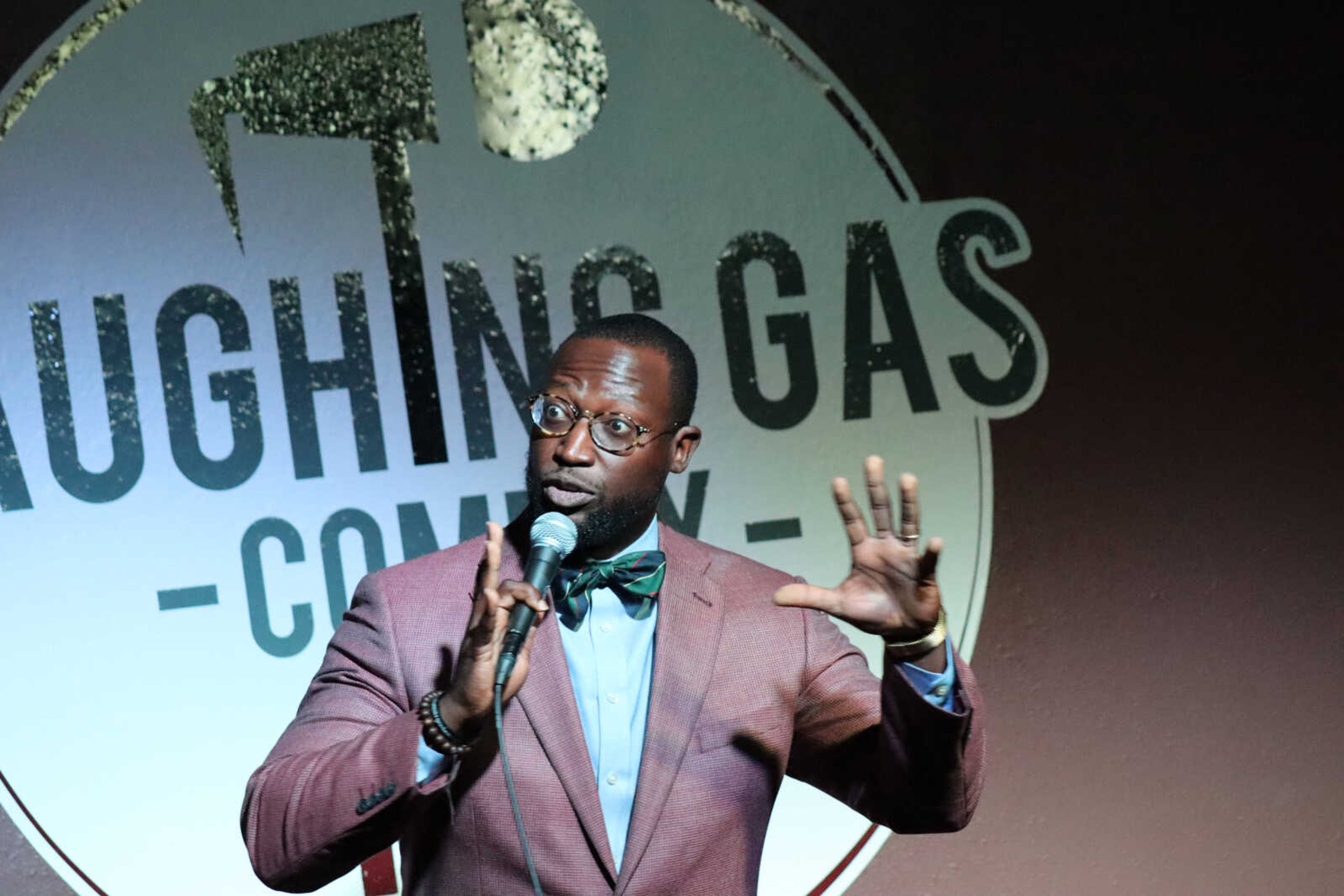 Comedian Mike Goodwin makes the crowd laugh with his stories about growing older at the Laughing Gas comedy club on Saturday.