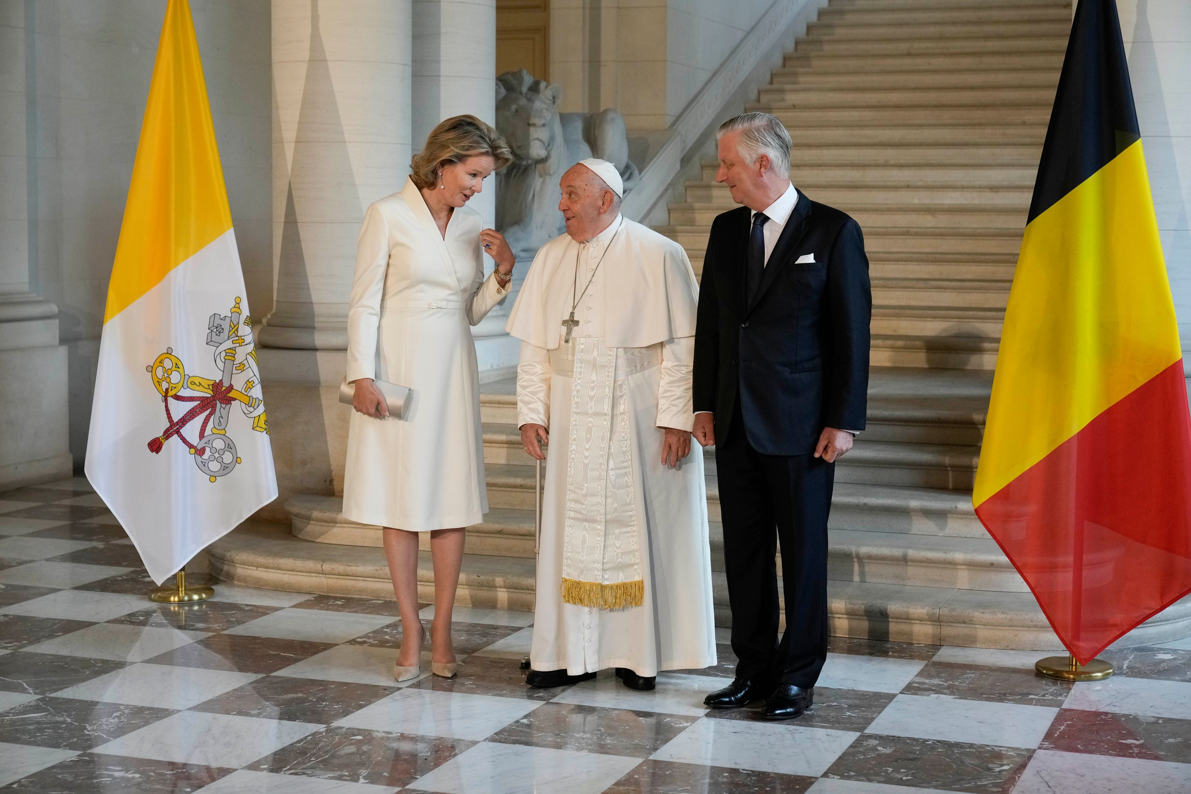 Pope Francis meets with King Philippe and Queen Mathilde in the Castle of Laeken, Brussels, Friday, Sept. 27, 2024. (AP Photo/Andrew Medichini)