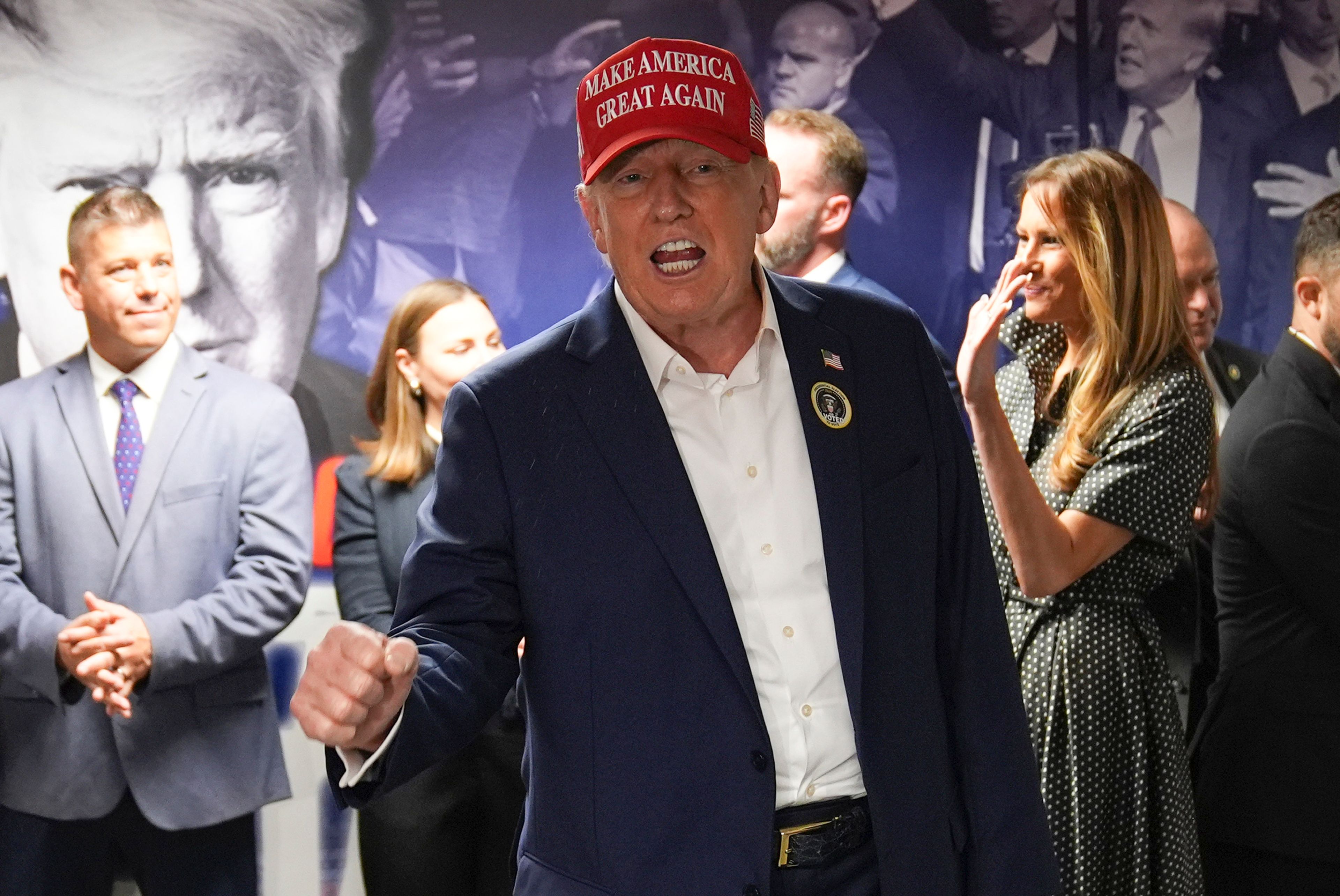 Republican presidential nominee former President Donald Trump visits his campaign headquarters, Tuesday, Nov. 5, 2024, in West Palm Beach, Fla. (AP Photo/Evan Vucci)