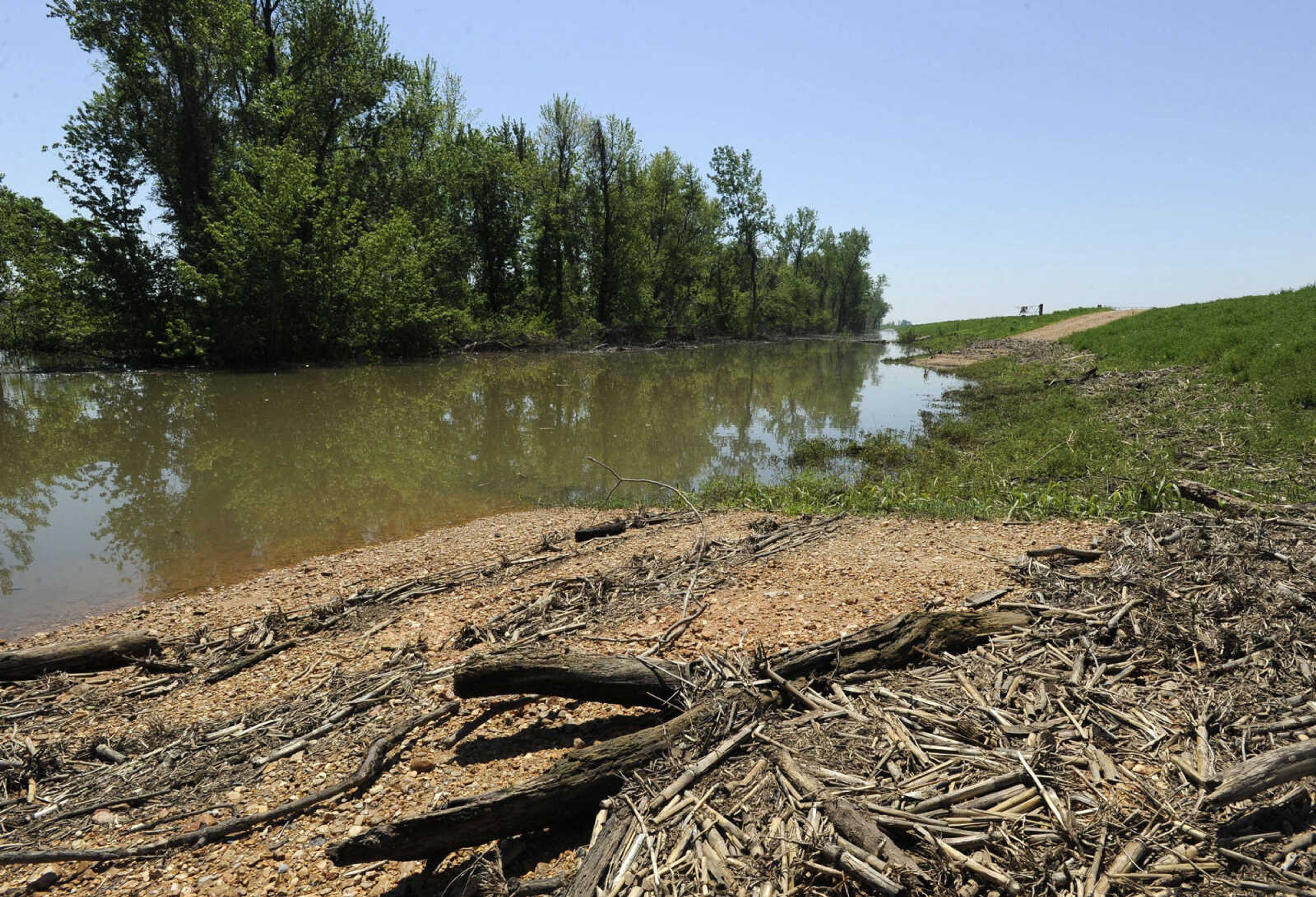 FRED LYNCH ~ flynch@semissourian.com
This view shows the federal levee, at right, with the flooded fields Sunday, May 8, 2011 which were caused by a breached farm levee last week south of Commerce, Mo.