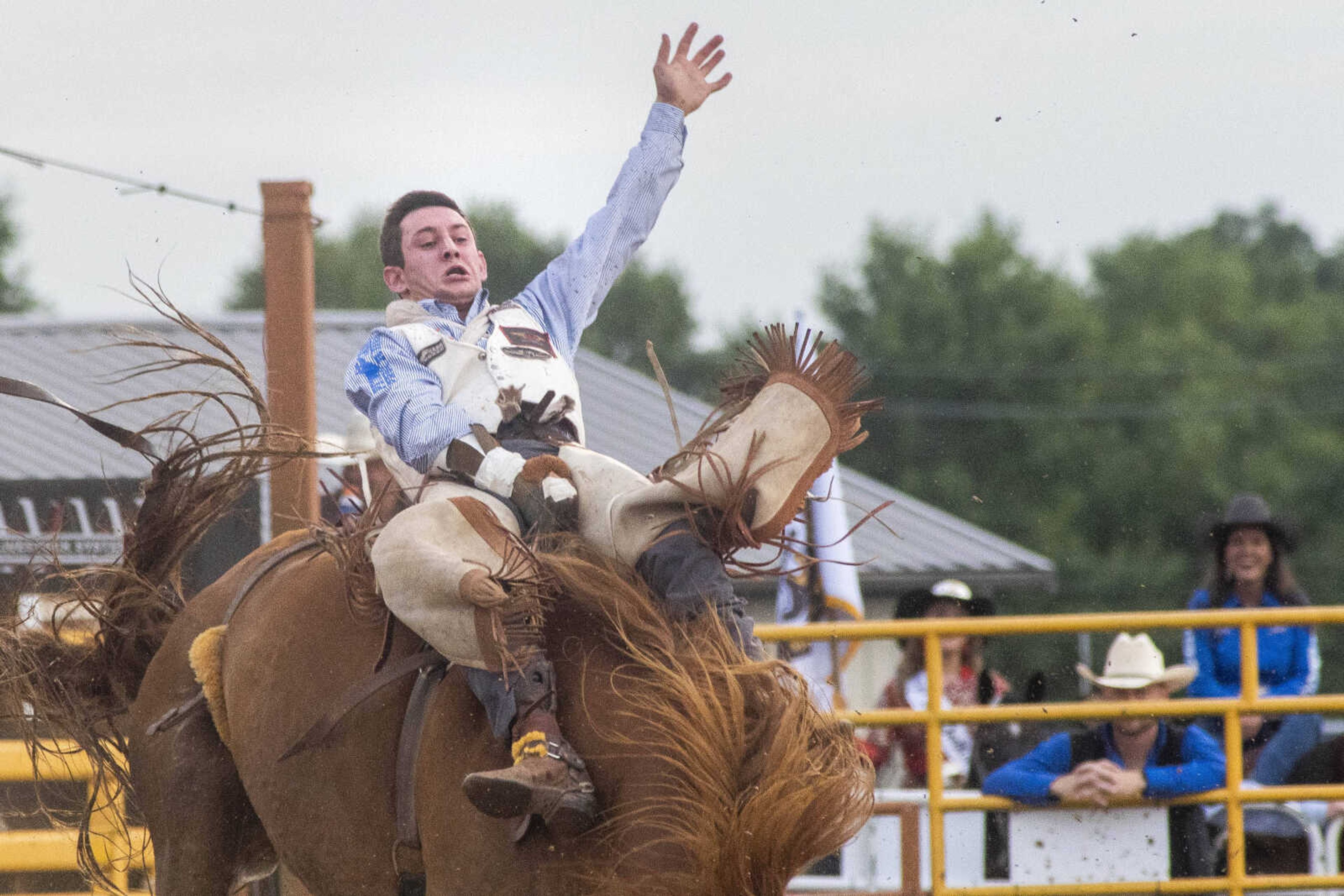 A performer tries to stay ahorse during the third night of the Sikeston Jaycee Bootheel Rodeo Friday, Aug. 13, 2021,&nbsp;&nbsp;in Sikeston, Missouri.