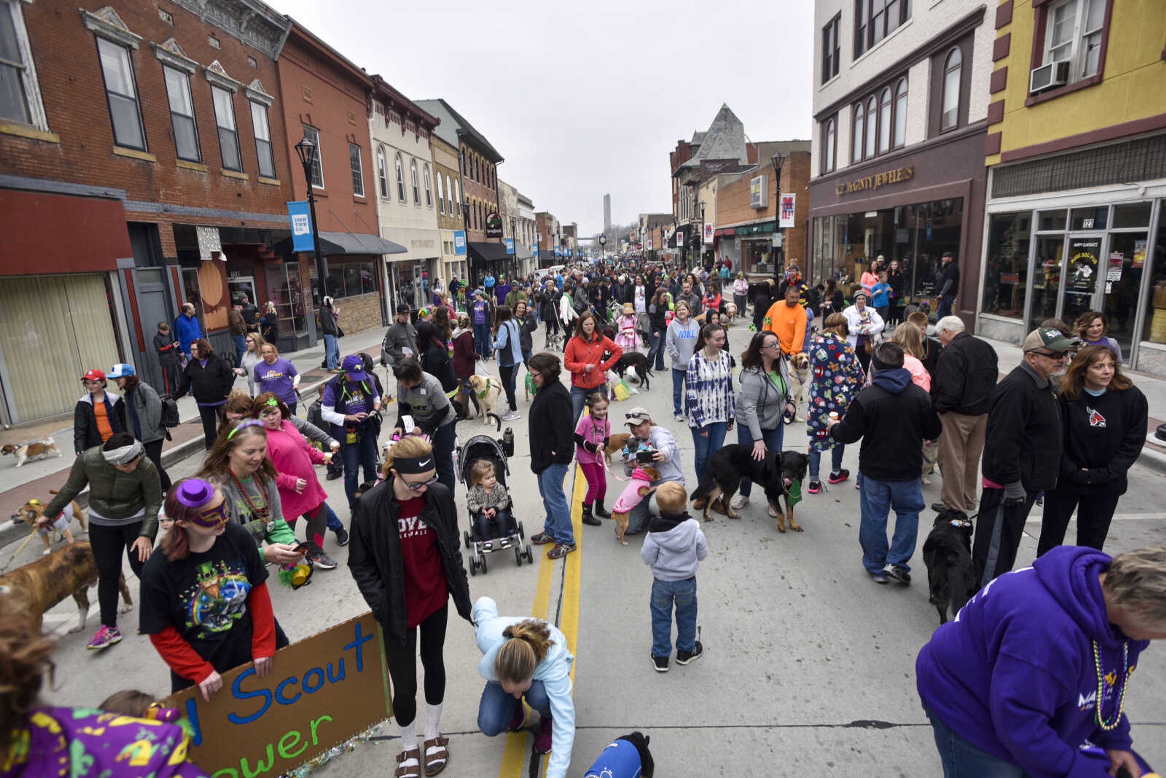 Pet owners feed whipped cream doggy cones to their animals at the end of the parade route for the 2nd annual Mardi Paws Parade of Pets on Sunday, March 18, 2018, in Cape Girardeau.