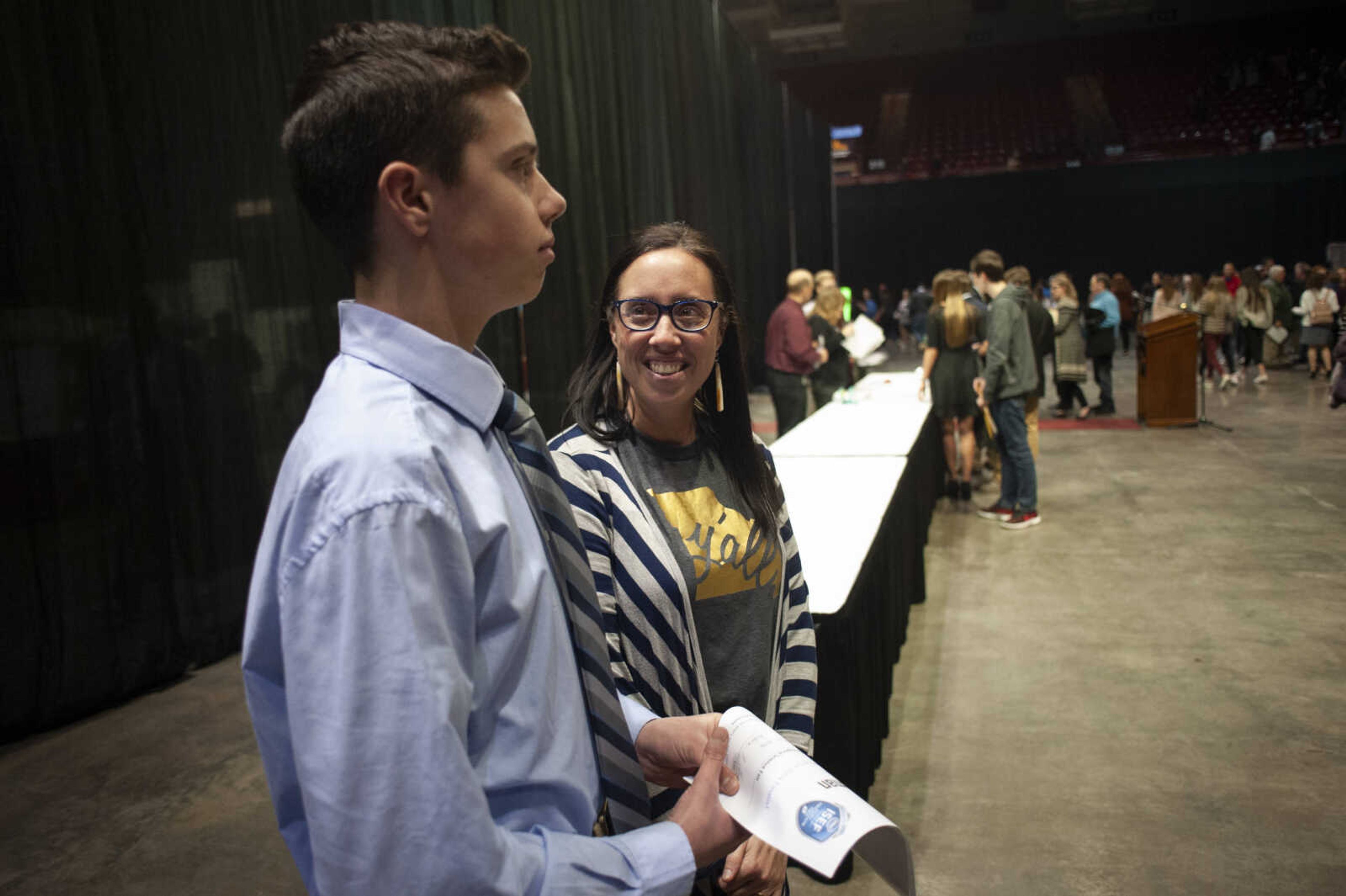 Andrea Roseman of Jackson smiles toward her son and student Grant Roseman of Jackson, 15, after he earned the top honor in the 63rd annual Southeast Missouri Regional Science Fair on Tuesday, March 5, 2019, at the Show Me Center in Cape Girardeau.