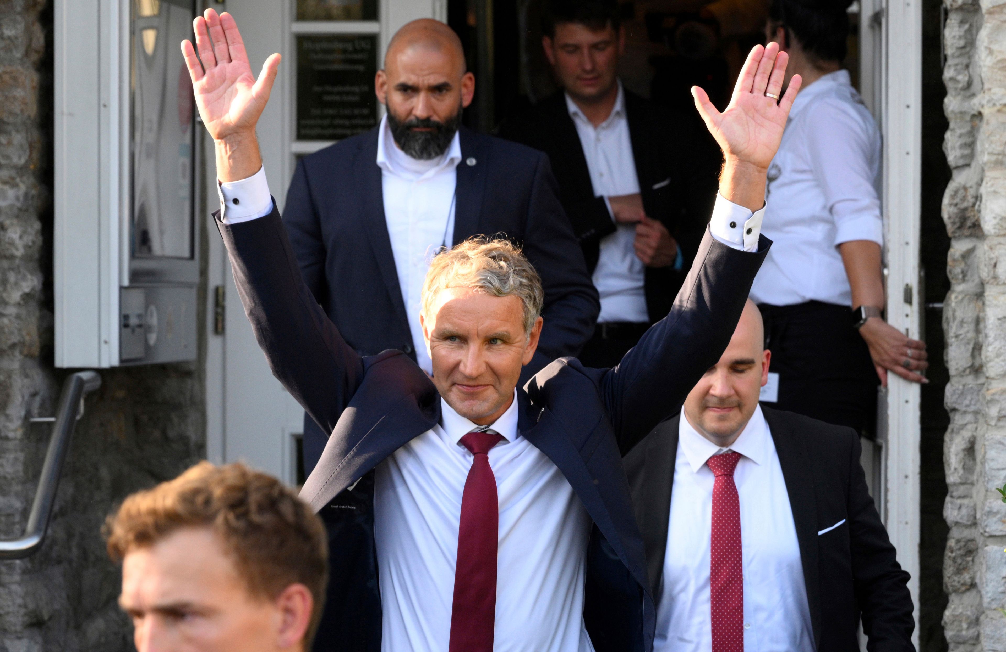 Björn Höcke, party and parliamentary group leader of the AfD in Thuringia and top candidate, leaves the AfD election party in Erfurt, Germany, Monday Sept. 2, 2024. (Daniel Vogl/dpa via AP)