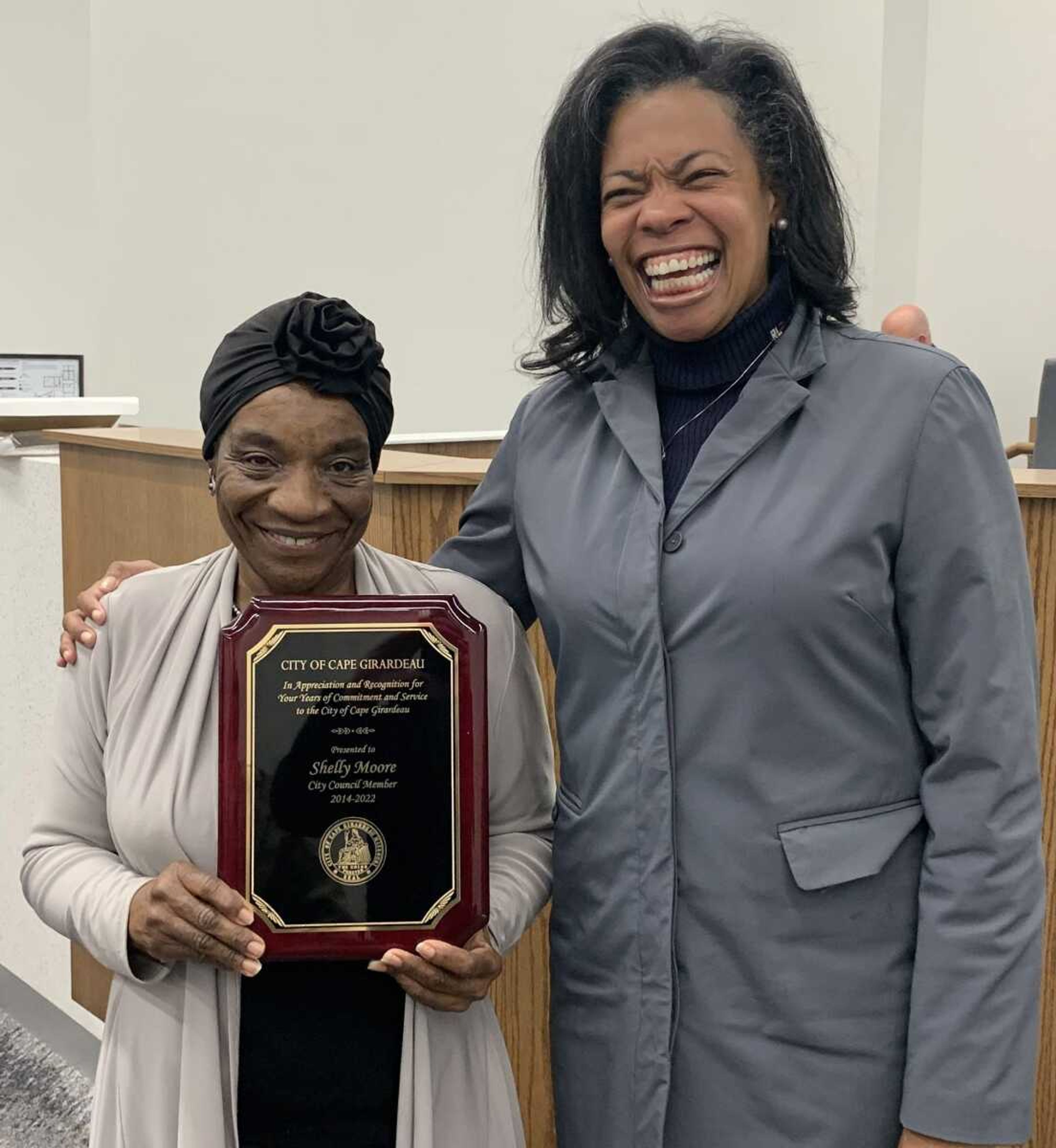 Cape Girardeau City Council member Shelly Moore with a plaque recognizing her years of service to the council, from 2014 to 2022. Incoming Councilwoman Tameka Randle, right, will fill the council seat Moore held for Ward 2.