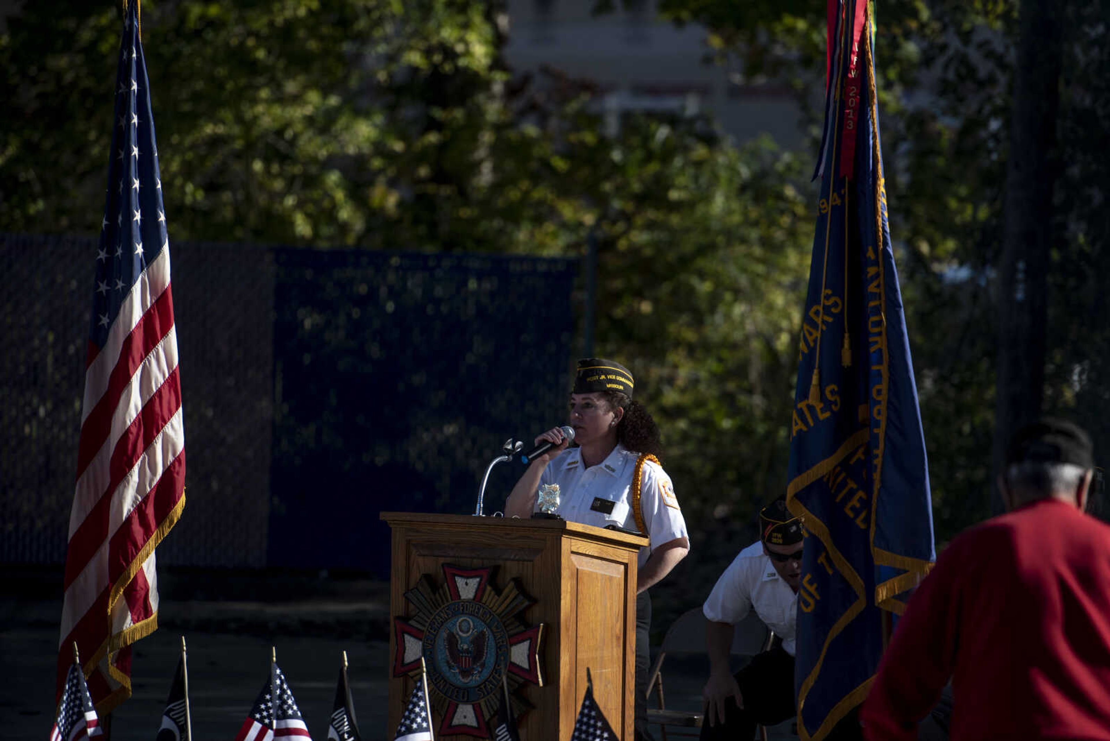 Commander Bonnie Hampton welcomes community members to the inaugural flag retirement ceremony at VFW Post 3838 Sunday, Oct. 21, 2018, in Cape Girardeau.