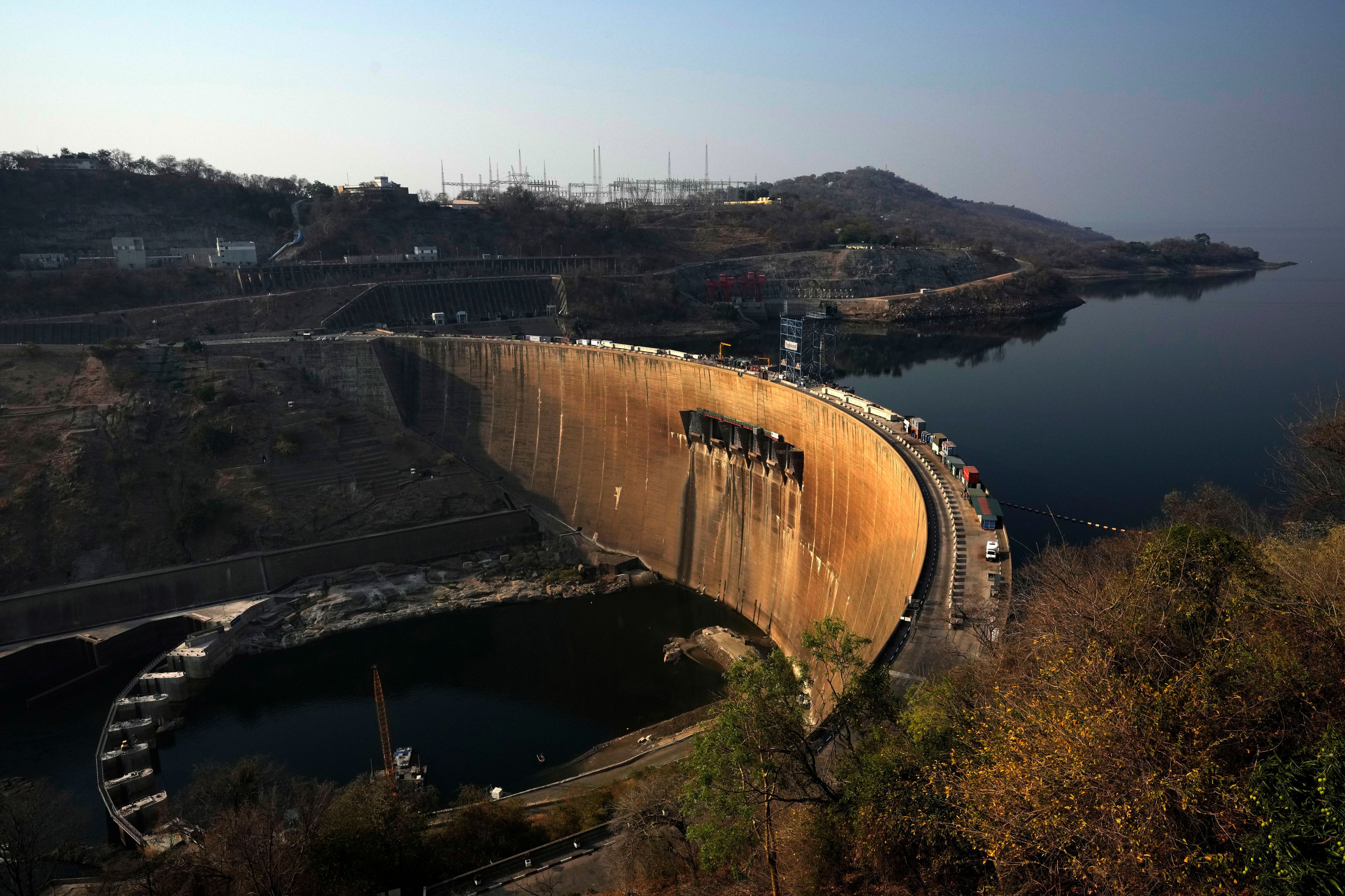 This photo shows the dam wall at Lake Kariba in Siavonga, Zambia, Thursday, Sept. 19, 2024. (AP Photo/Themba Hadebe)