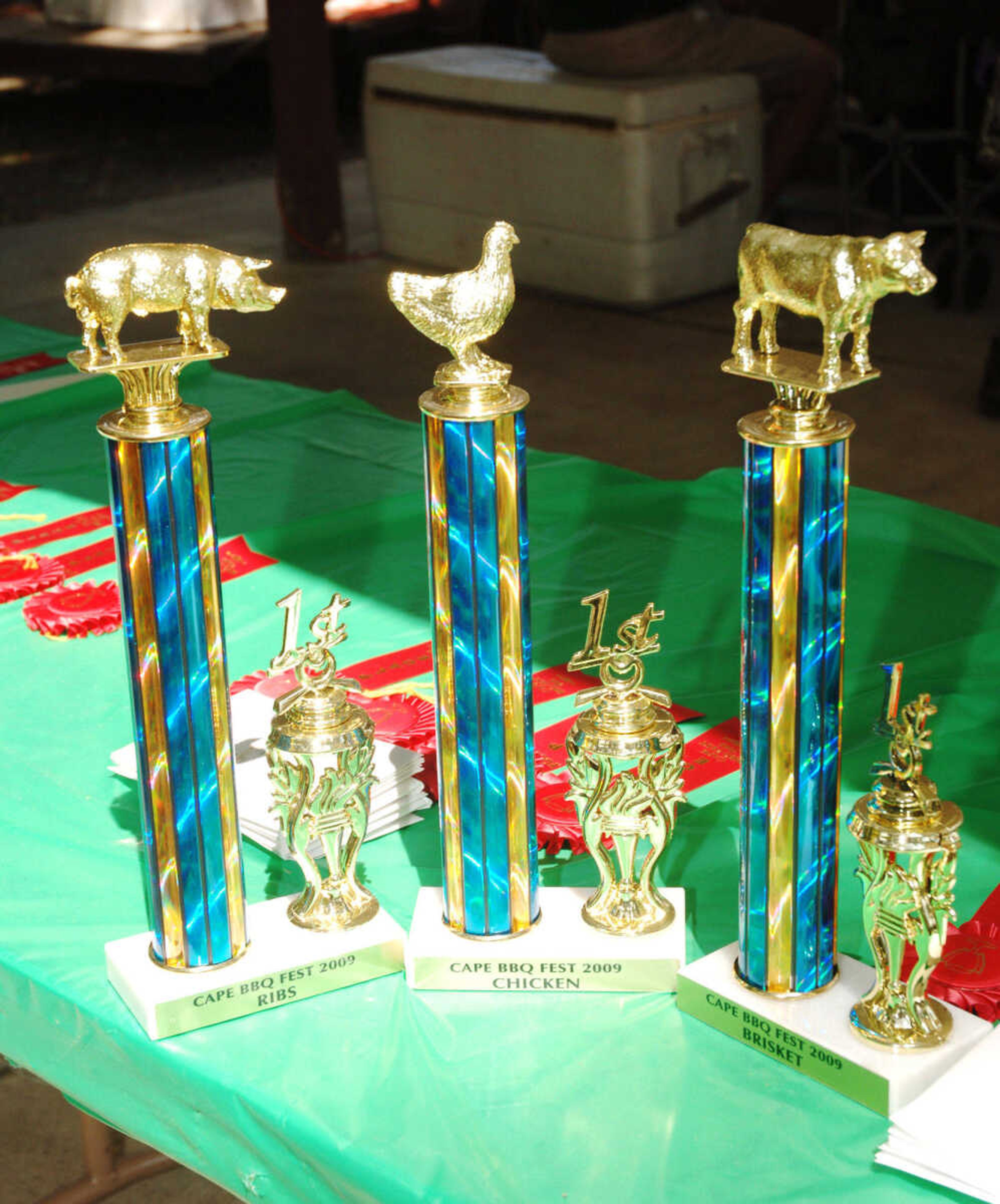 The coveted trophies await their winners at the Cape BBQ Fest held Saturday, August 22, 2009, at Arena Park.