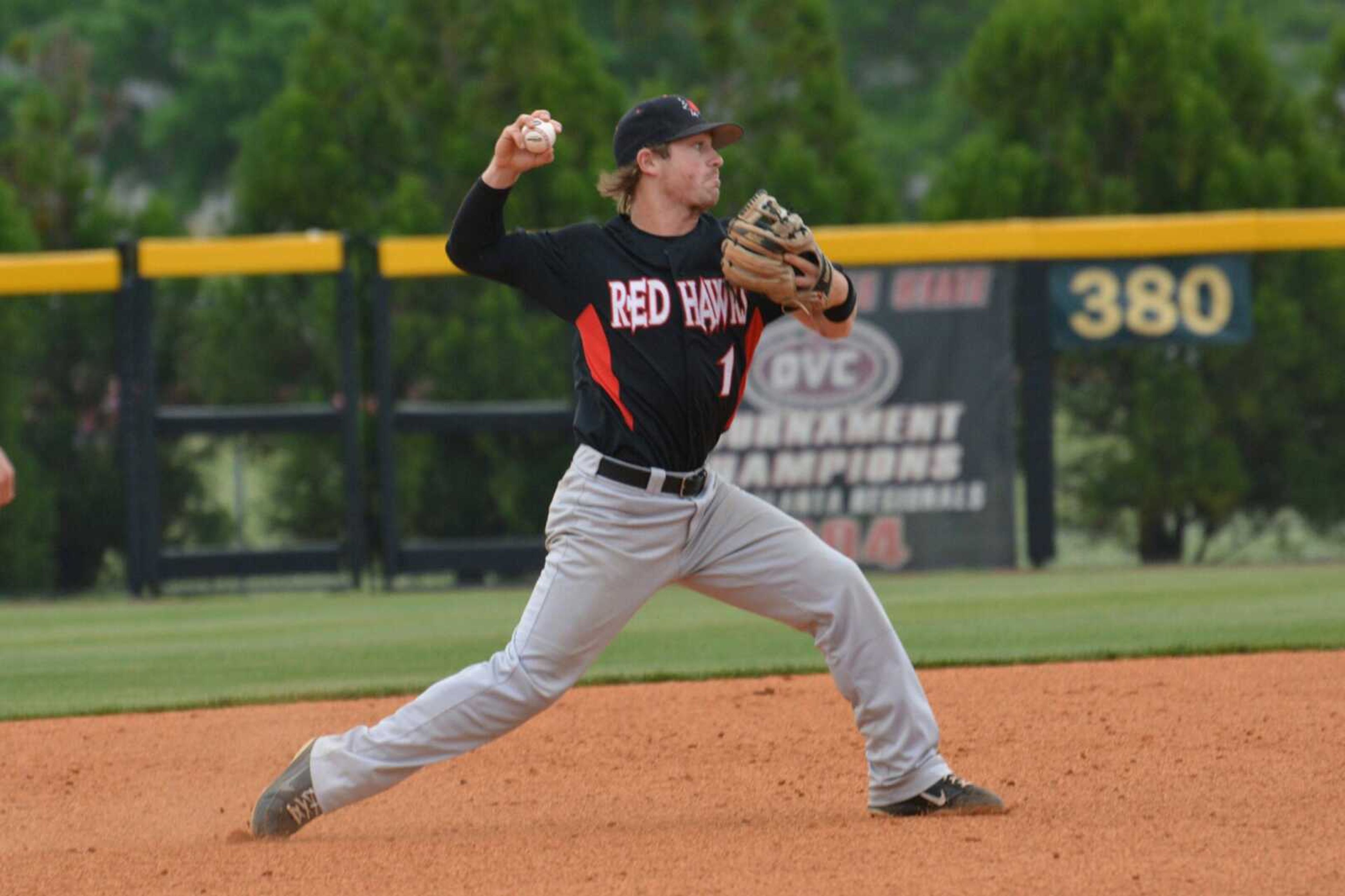 Southeast Missouri State shortstop Andy Lack throws out a Jacksonville St. hitter on a ground ball during Sunday's game in Jacksonville, Ala. (WAYNE MCPHERSON ~ Special to Southeast Missourian)