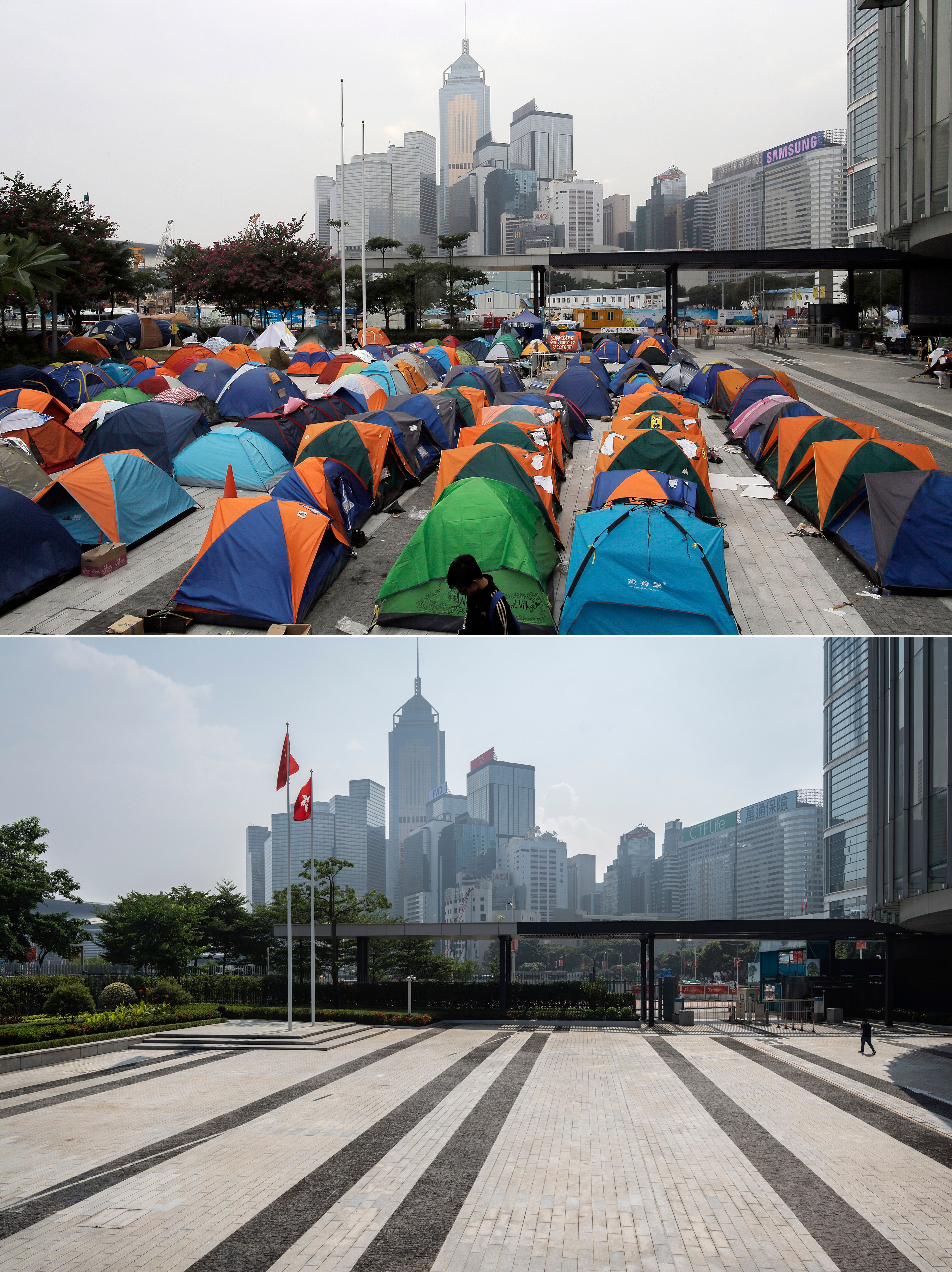 This combination image made from two photos show tents set up by pro-democracy protesters at an occupied area outside government headquarters in Hong Kong's Admiralty district in Hong Kong Friday, Nov. 14, 2014, top, the same place on Saturday, Sept. 28, 2024. (AP Photo/Vincent Yu, Chan Long Hei)