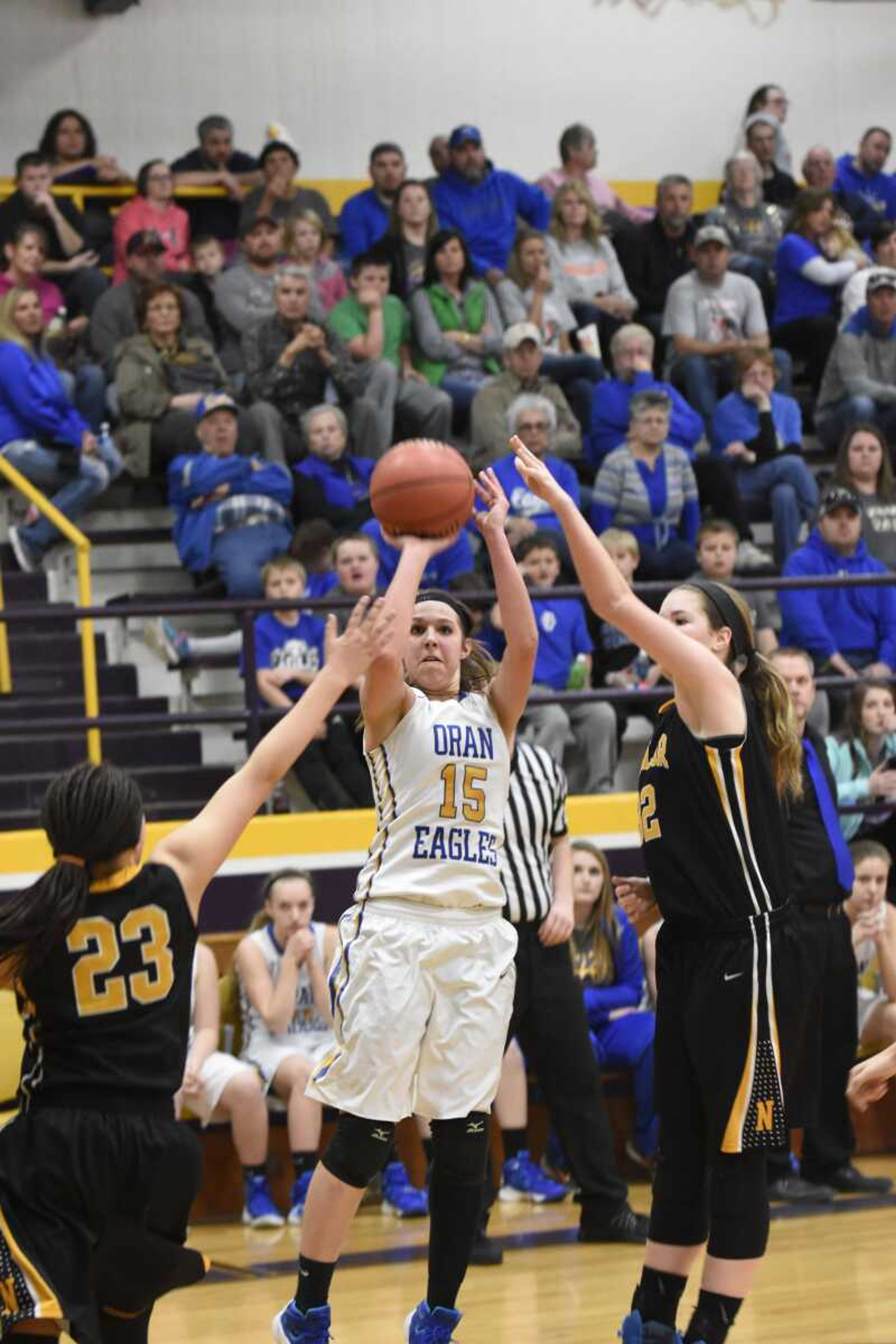 Oran's Ashlyn McIntosh shoots against Naylor during Tuesday's Class 1 sectional game in Bloomfield, Missouri. Naylor won 61-42.