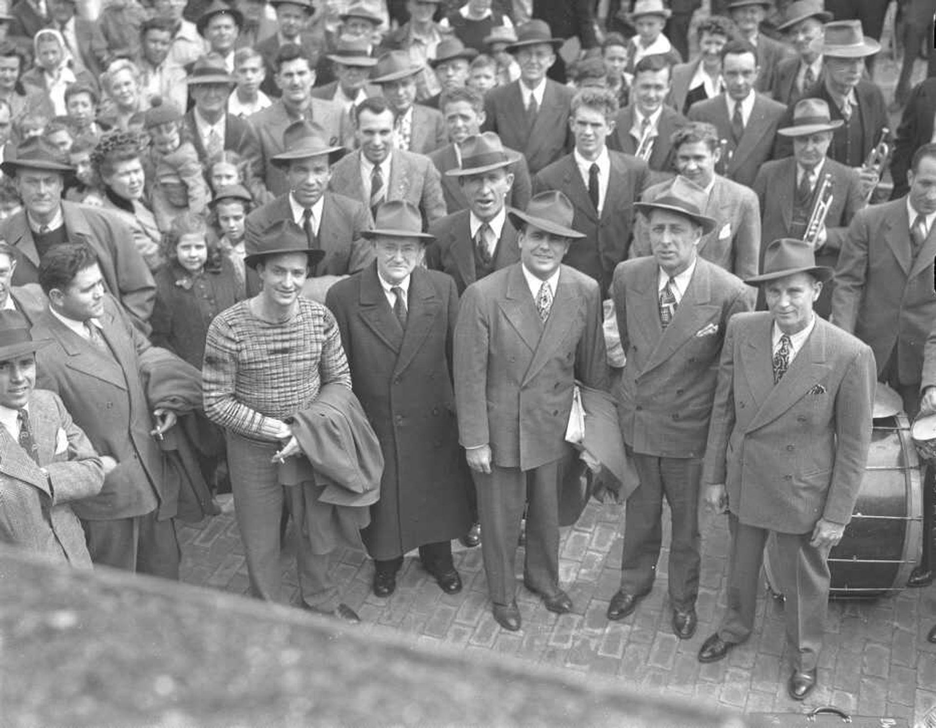 A crowd of more than 1,500 people welcomed St. Louis Browns manager Luke Sewell and others from the Browns organization and their farm team Toledo Mud Hens at the Frisco railway station in Cape Girardeau, March 11, 1945.