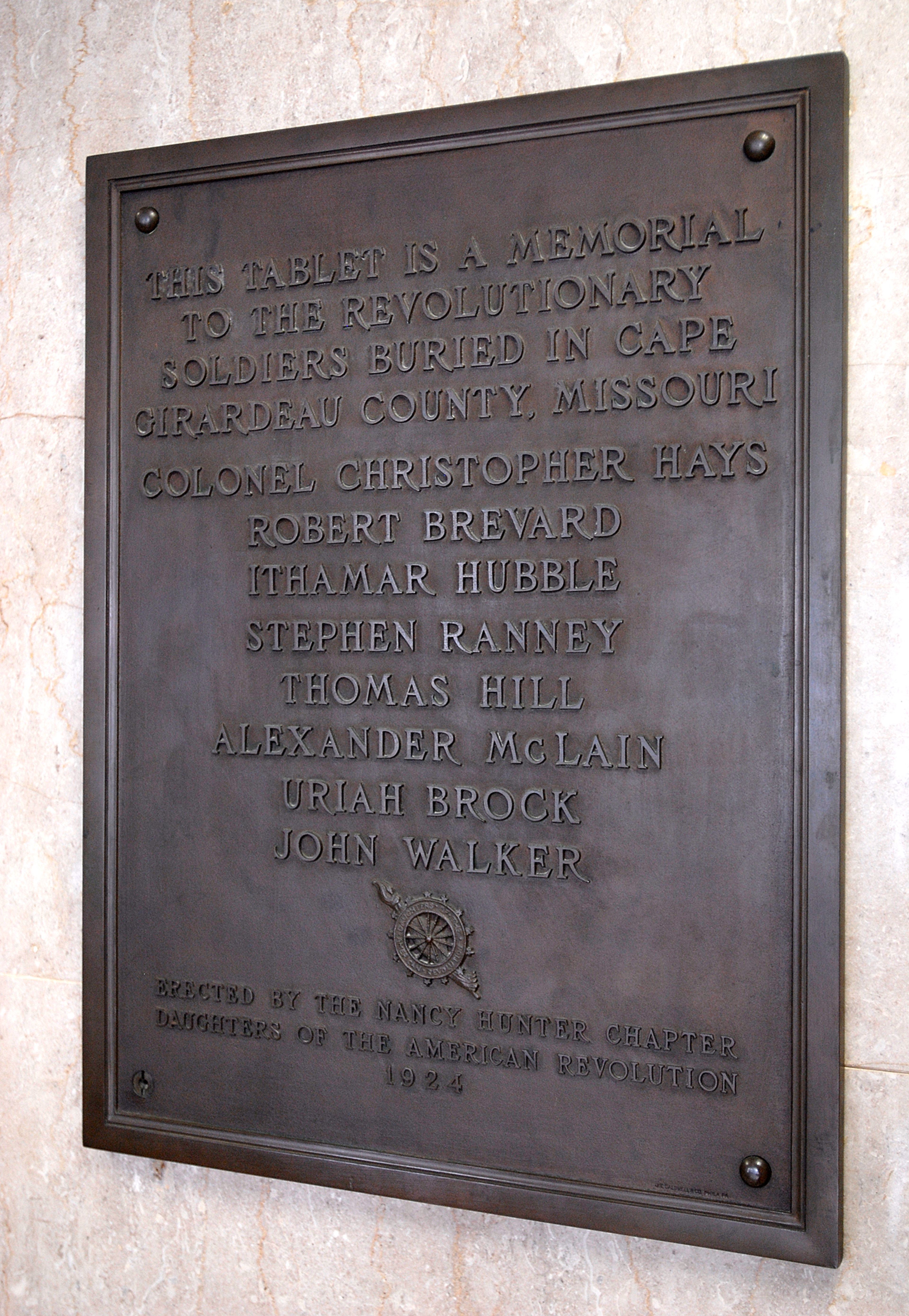 This plaque, containing the names of Revolutionary War patriots from Cape Girardeau County, originally hung in the Cape Girardeau Post Office. It is now in the Rush Hudson Limbaugh Jr. U.S. Courthouse in Cape Girardeau.