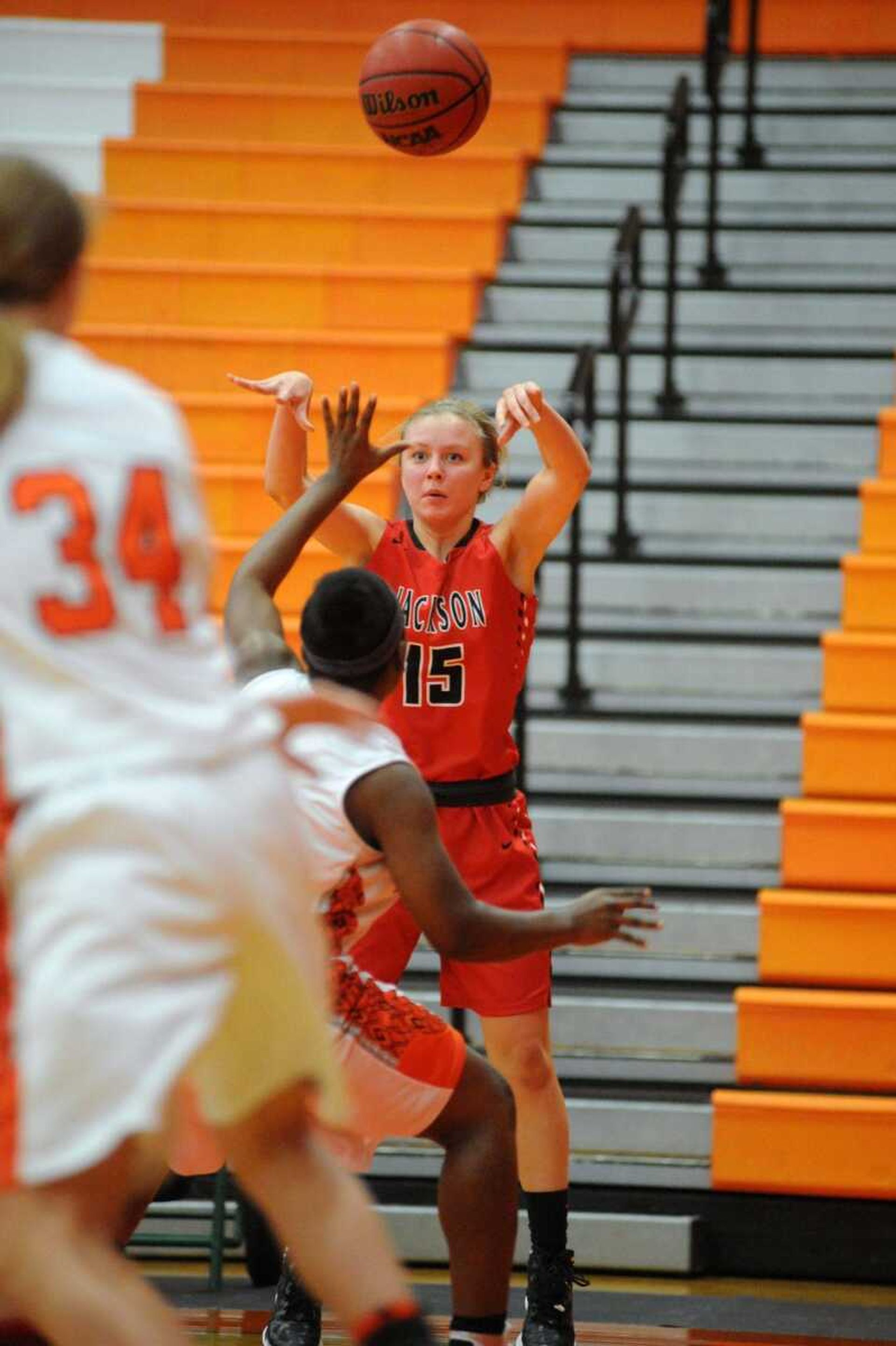 Jackson's Rylee Stafford throws the ball inside during the first quarter against Cape Central on Tuesday, Jan. 14, 2016 at Cape Central High School. (TRENT SINGER)