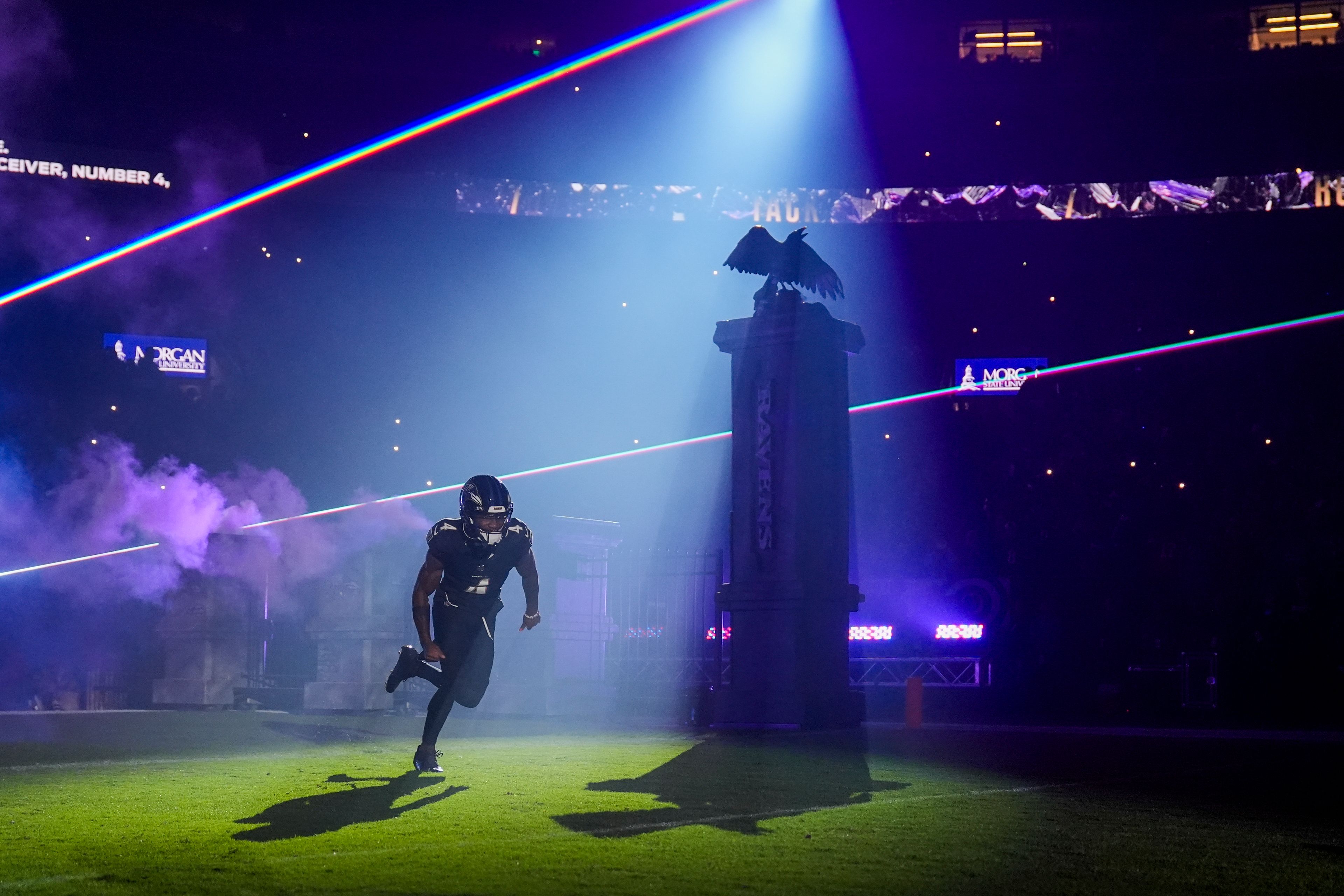 Baltimore Ravens wide receiver Zay Flowers takes the field prior to an NFL football game against the Buffalo Bills, Sunday, Sept. 29, 2024, in Baltimore. (AP Photo/Stephanie Scarbrough)