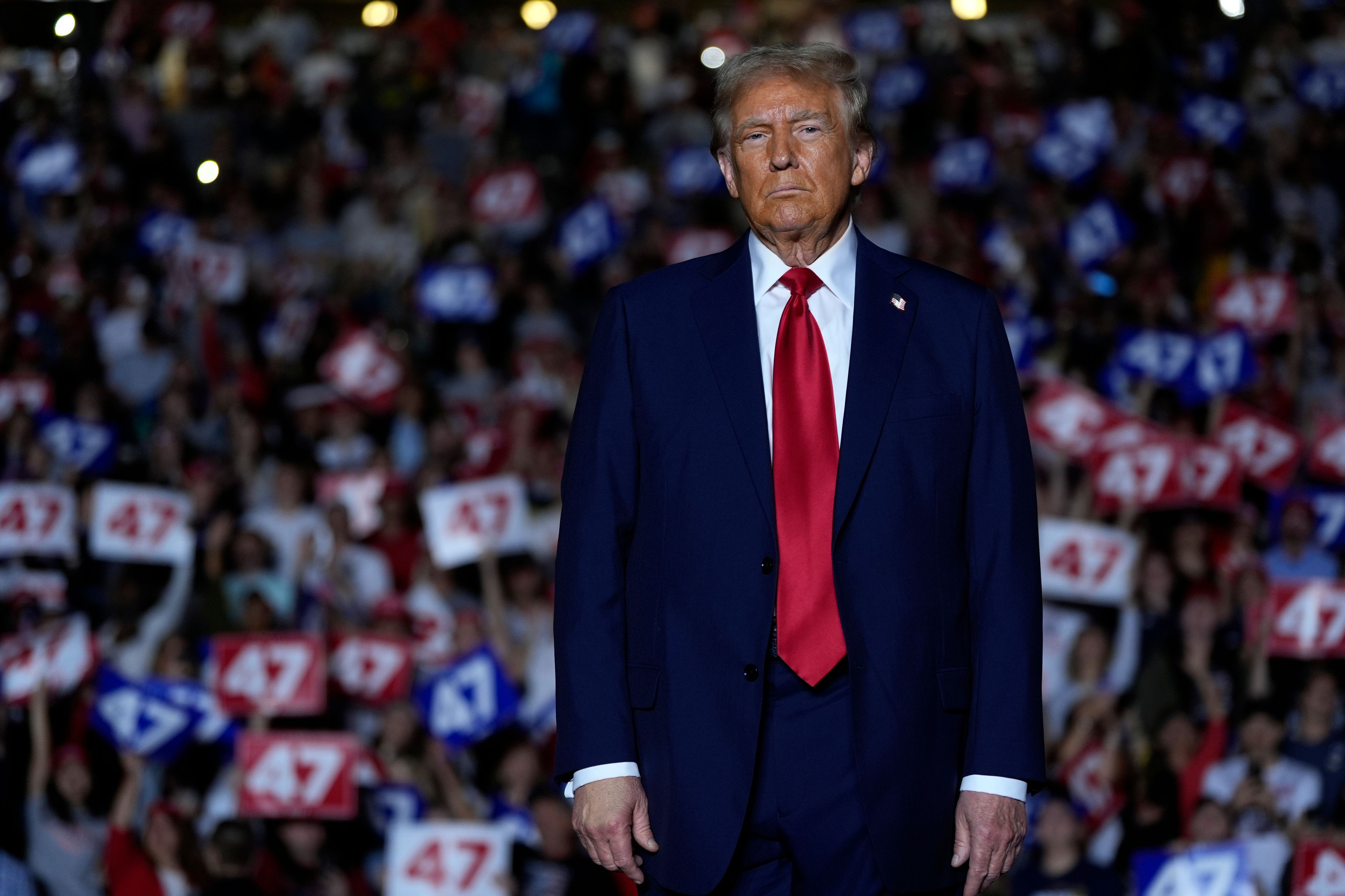 Republican presidential nominee former President Donald Trump arrives at a campaign rally at McCamish Pavilion Monday, Oct. 28, 2024, in Atlanta, Ga. (AP Photo/Julia Demaree Nikhinson)