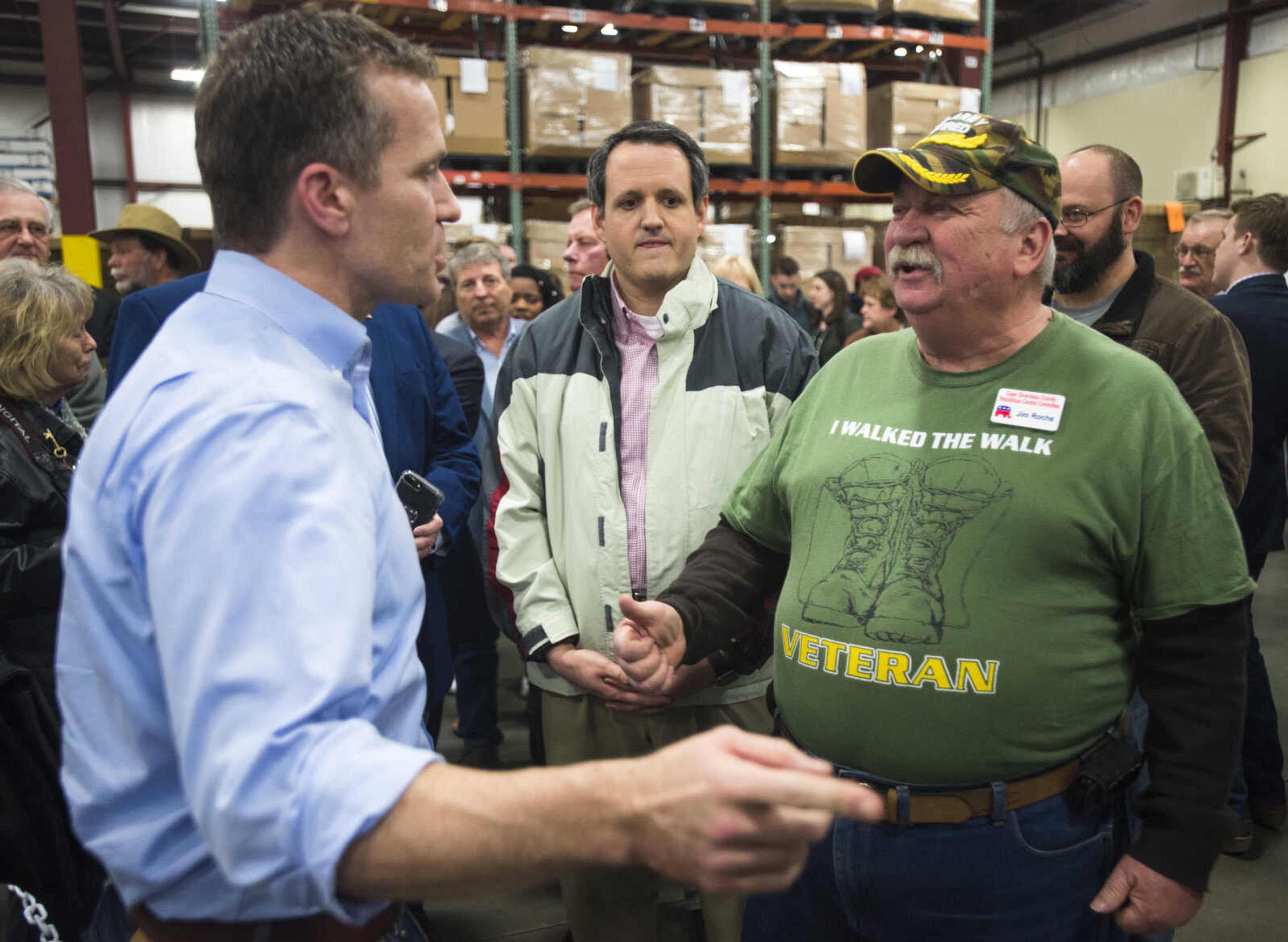 Governor Eric Greitens talks with members of the community Jan. 29, 2018, after speaking at Signature Packaging and Paper in Jackson.