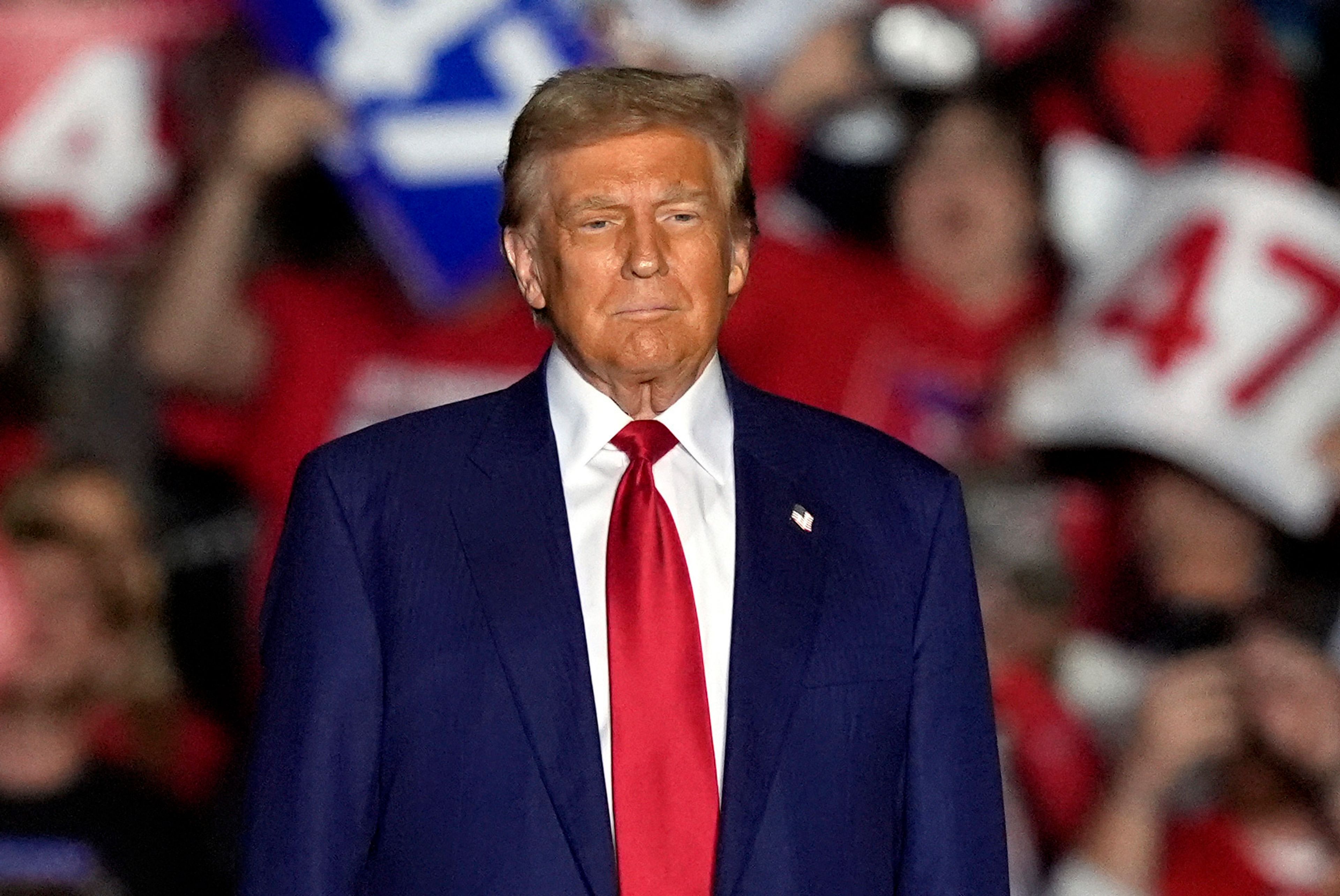 Republican presidential nominee former President Donald Trump arrives to speak at a campaign rally at the Suburban Collection Showplace, Saturday, Oct. 26, 2024 in Novi, Mich. (AP Photo/Carlos Osorio)