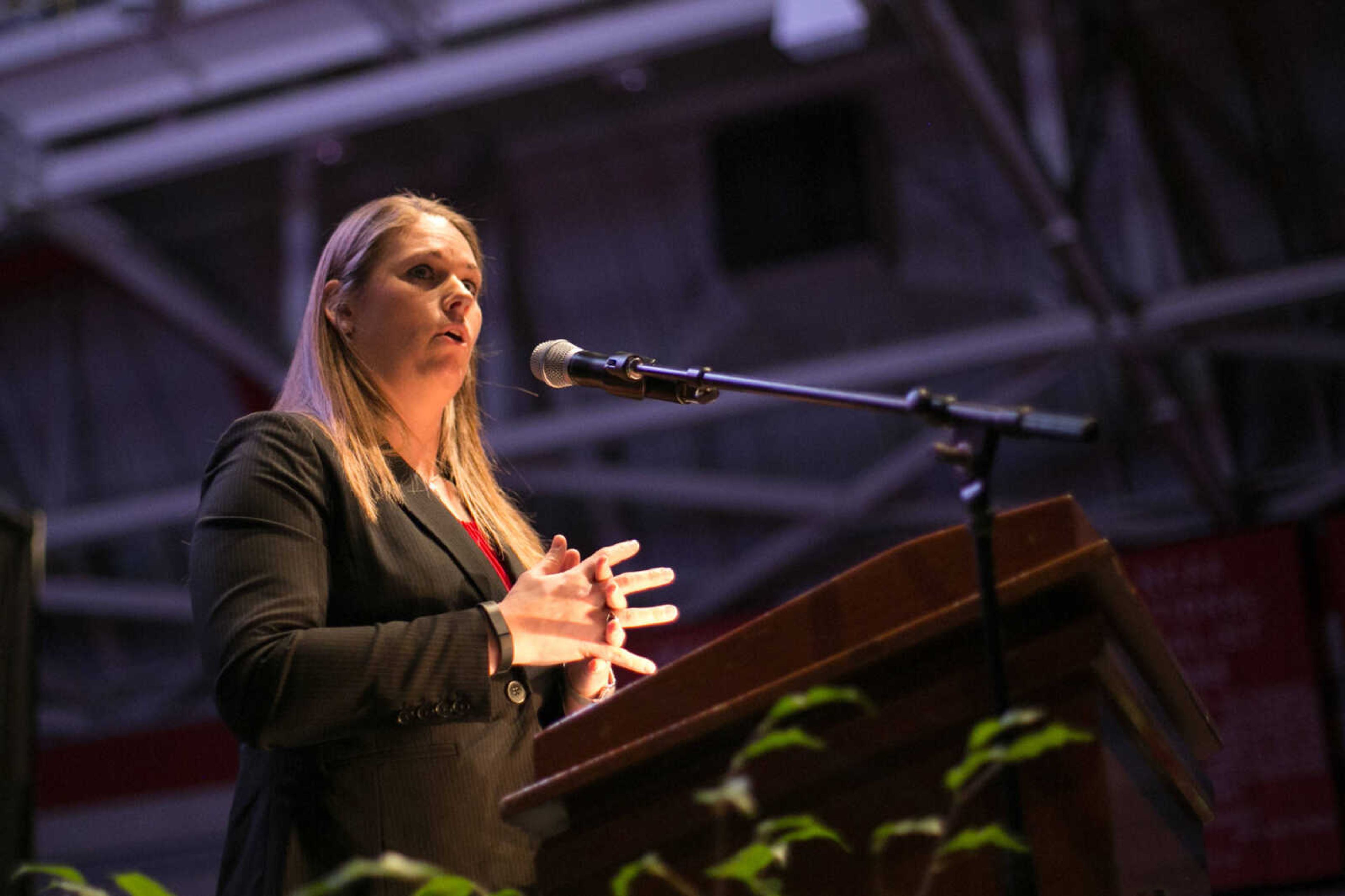 Lindsay Pickering (Soccer 2005-2007 Softball 2004-2007) speaks during her induction into the Southeast Missouri State University Athletic Hall of Fame Friday, Feb. 19, 2016 at the Show Me Center.