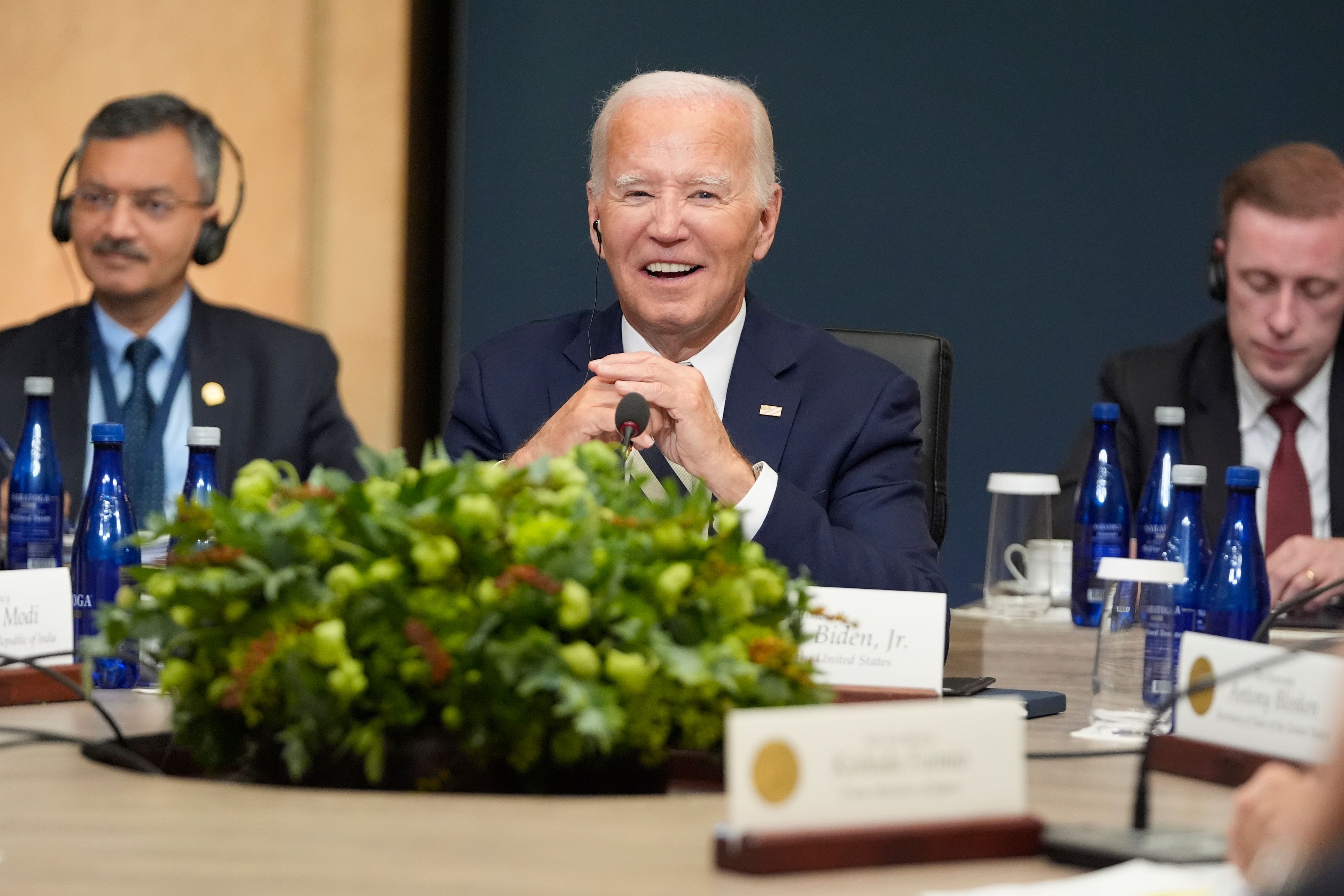 President Joe Biden meets with India's Prime Minister Narendra Modi, Australia's Prime Minister Anthony Albanese, Japan's Prime Minister Fumio Kishida and Secretary of State Antony Blinken, at the Quad leaders summit at Archmere Academy in Claymont, Del., Saturday, Sept. 21, 2024. (AP Photo/Mark Schiefelbein)