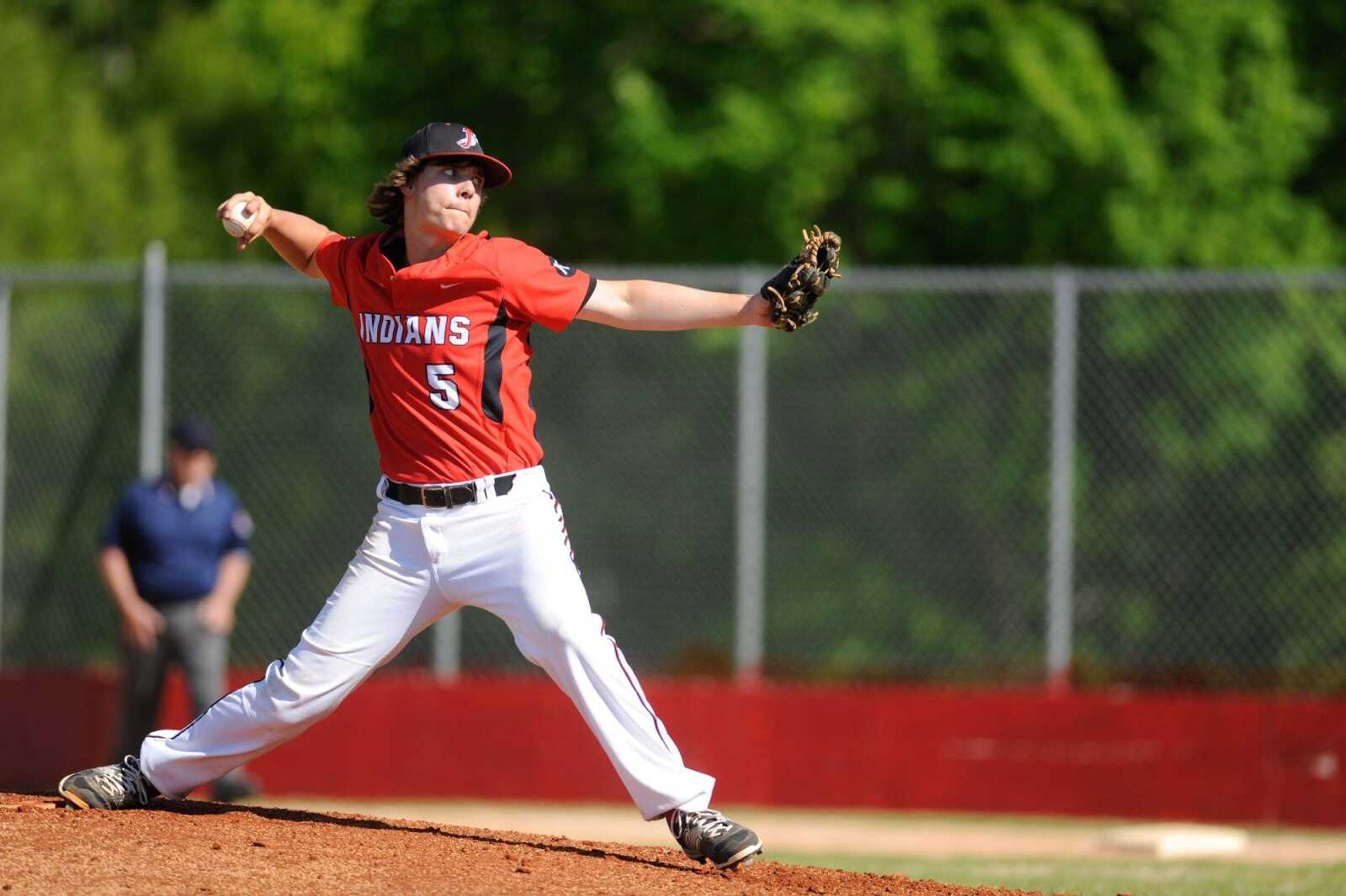 Jackson's Tyler Slinkard pitched to a Dexter batter in the second inning Friday, May 1, 2015 at Whitey Herzog Stadium in Jackson. (Glenn Landberg)