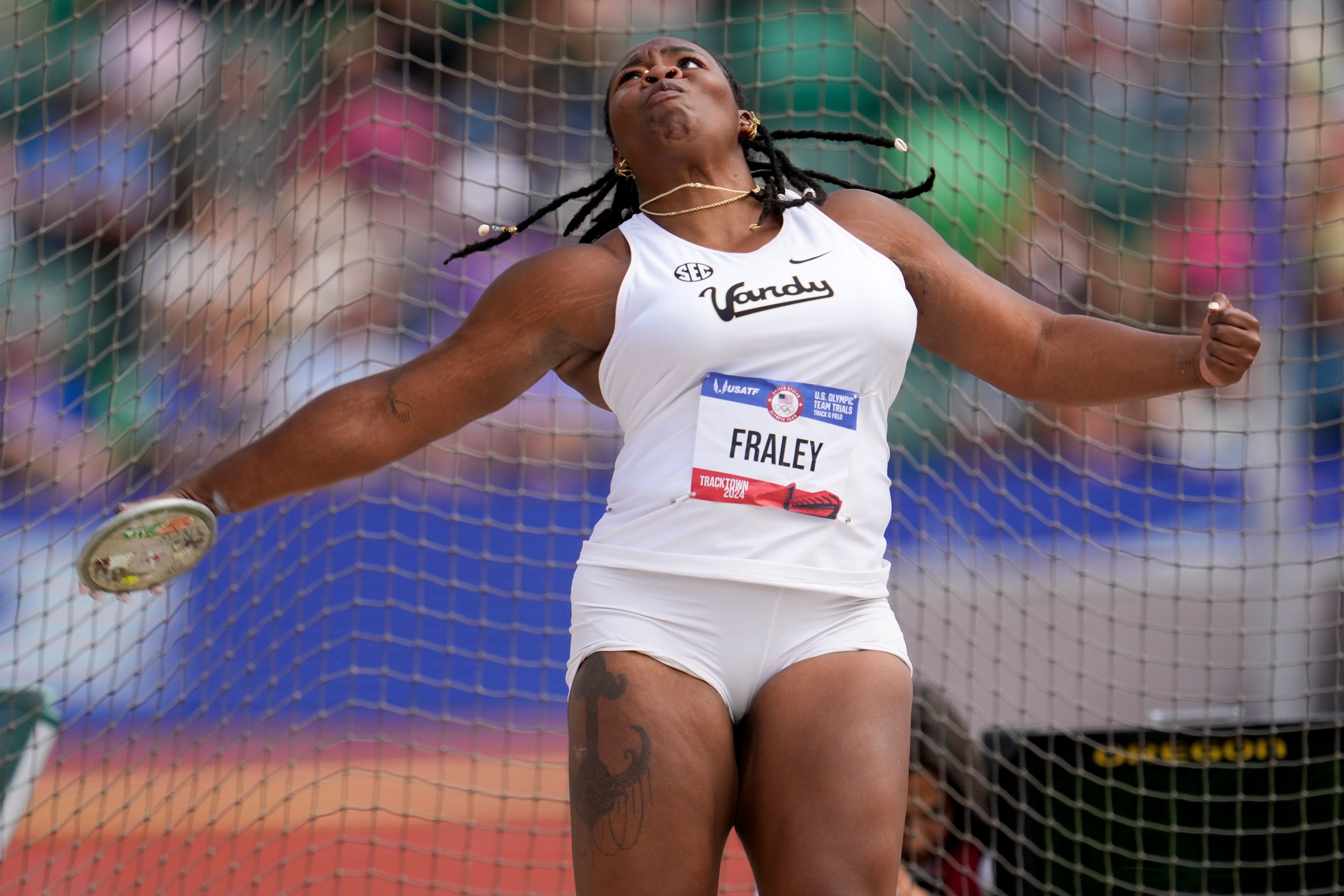 FILE - Veronica Fraley competes in the women's discus throw final during the U.S. Track and Field Olympic Team Trials Thursday, June 27, 2024, in Eugene, Ore. (AP Photo/George Walker IV, File)