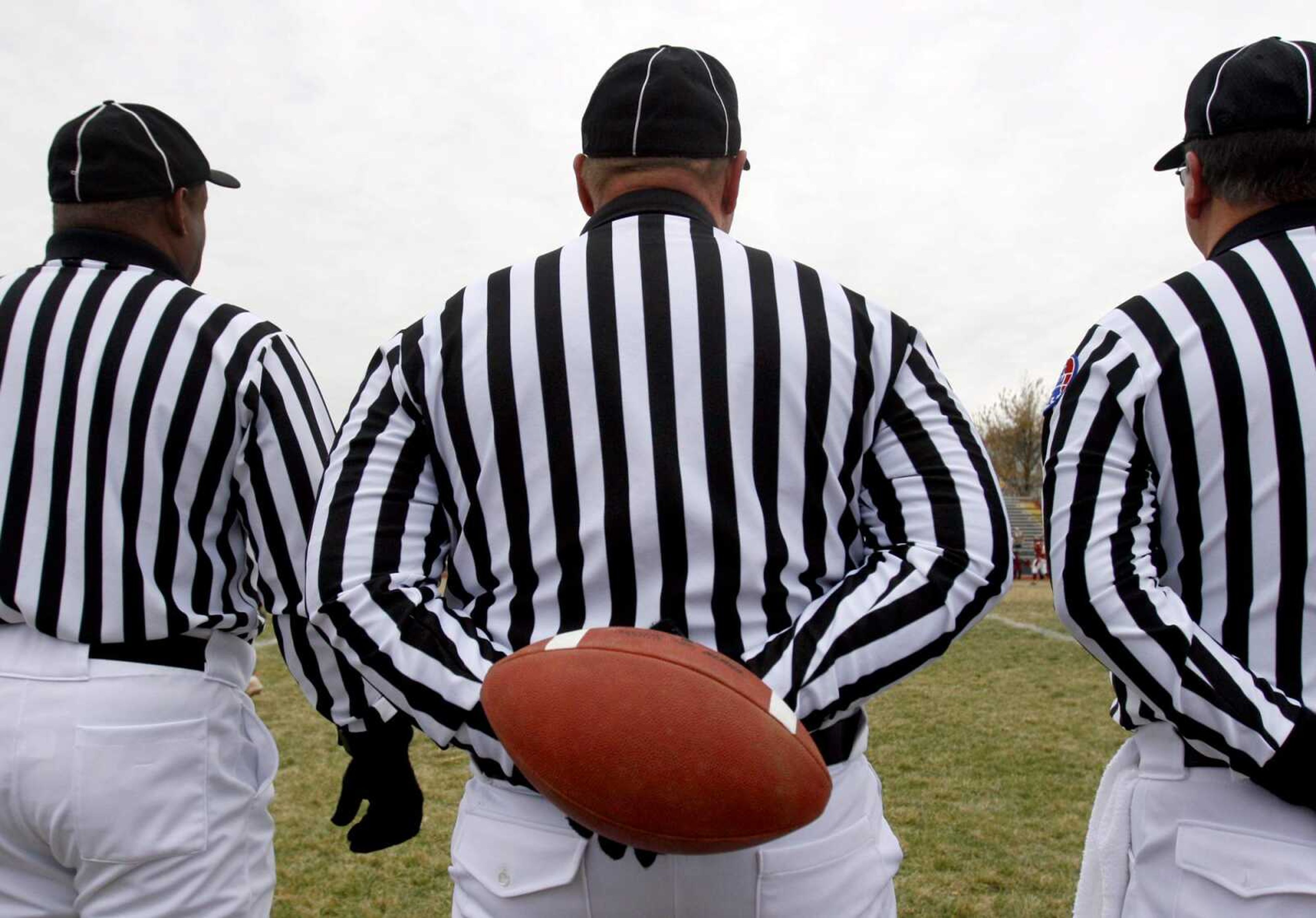 ELIZABETH DODD ~ edodd@semissourian.com
A referee holds the game ball before the start of the Class 5 state semifinals.