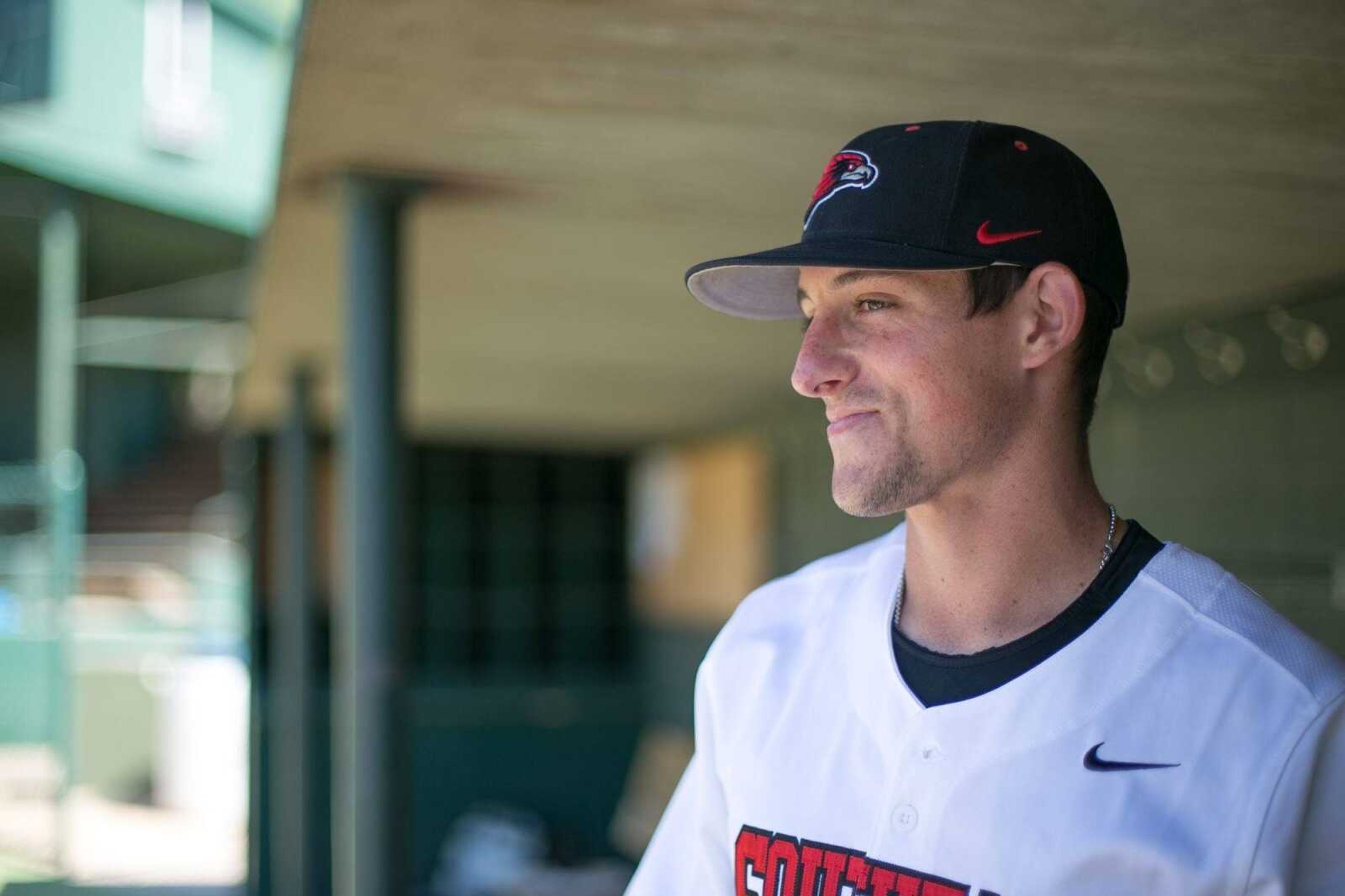 Southeast Missouri State's Jason Blum poses for a photo Friday, May 1, 2015 at Capaha Field. (Glenn Landberg)