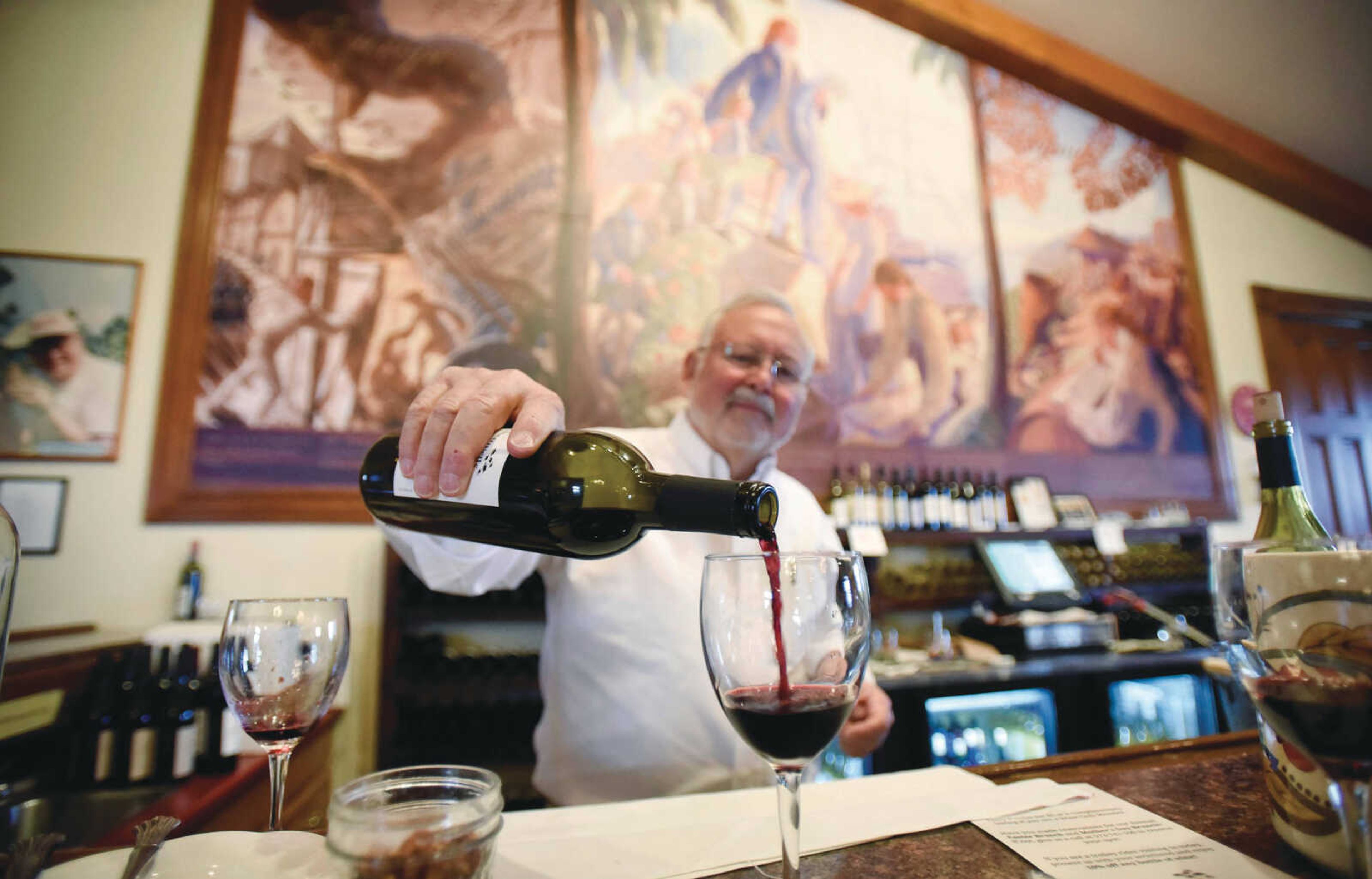 LAURA SIMON ~ lsimon@semissourian.com <br>  <br> Hank Johnson, owns of Chaumette Vineyards & Winery, pours a sample of the 2015 Chambourcin Reserve in the tasting room on Friday, March 17, 2017, in Ste. Genevieve, Missouri.