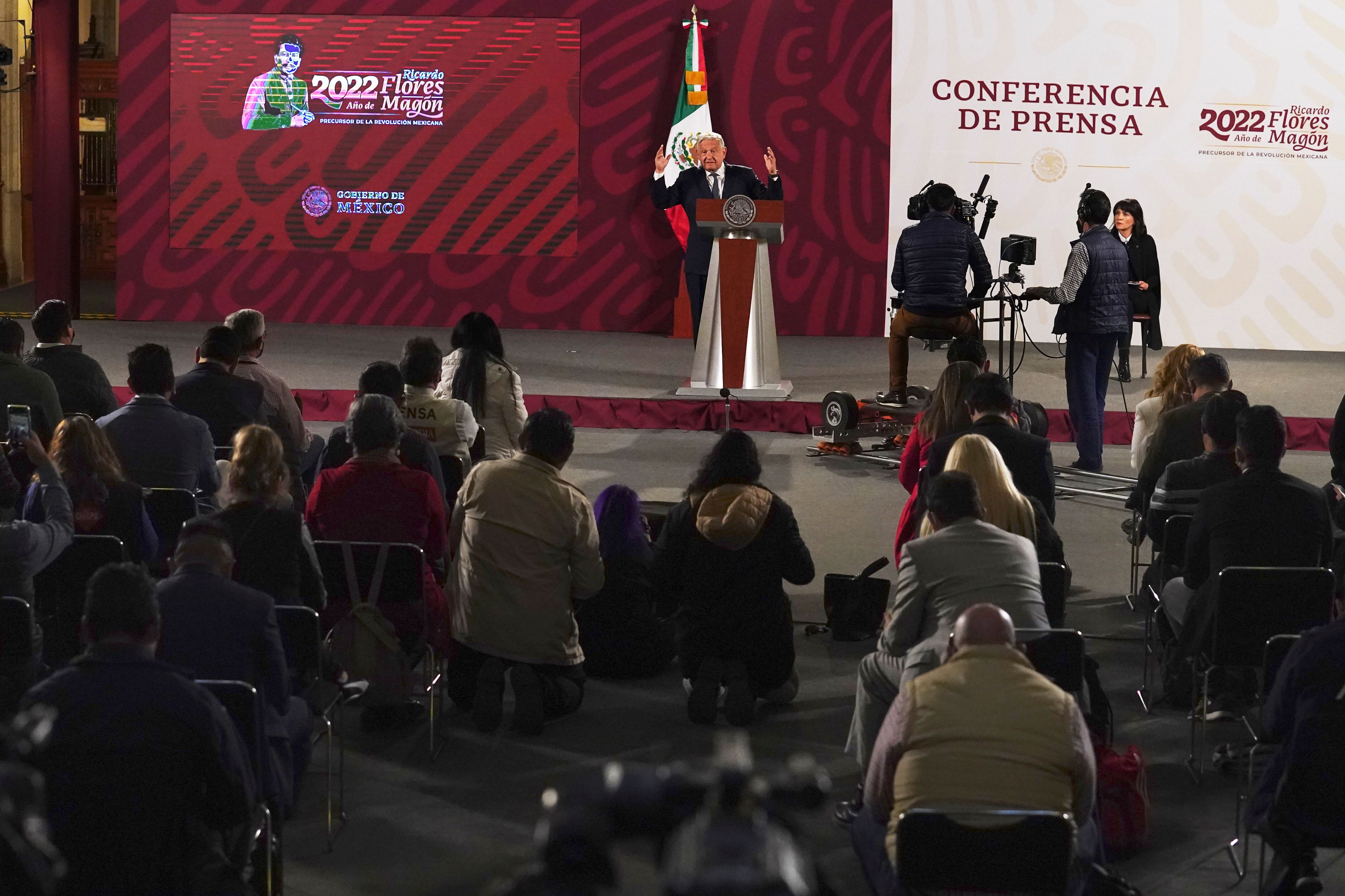 FILE - Mexico's President Andres Manuel Lopez Obrador speaks during his daily press conference at the National Palace, in Mexico City, June 22, 2022. (AP Photo/Marco Ugarte, File)