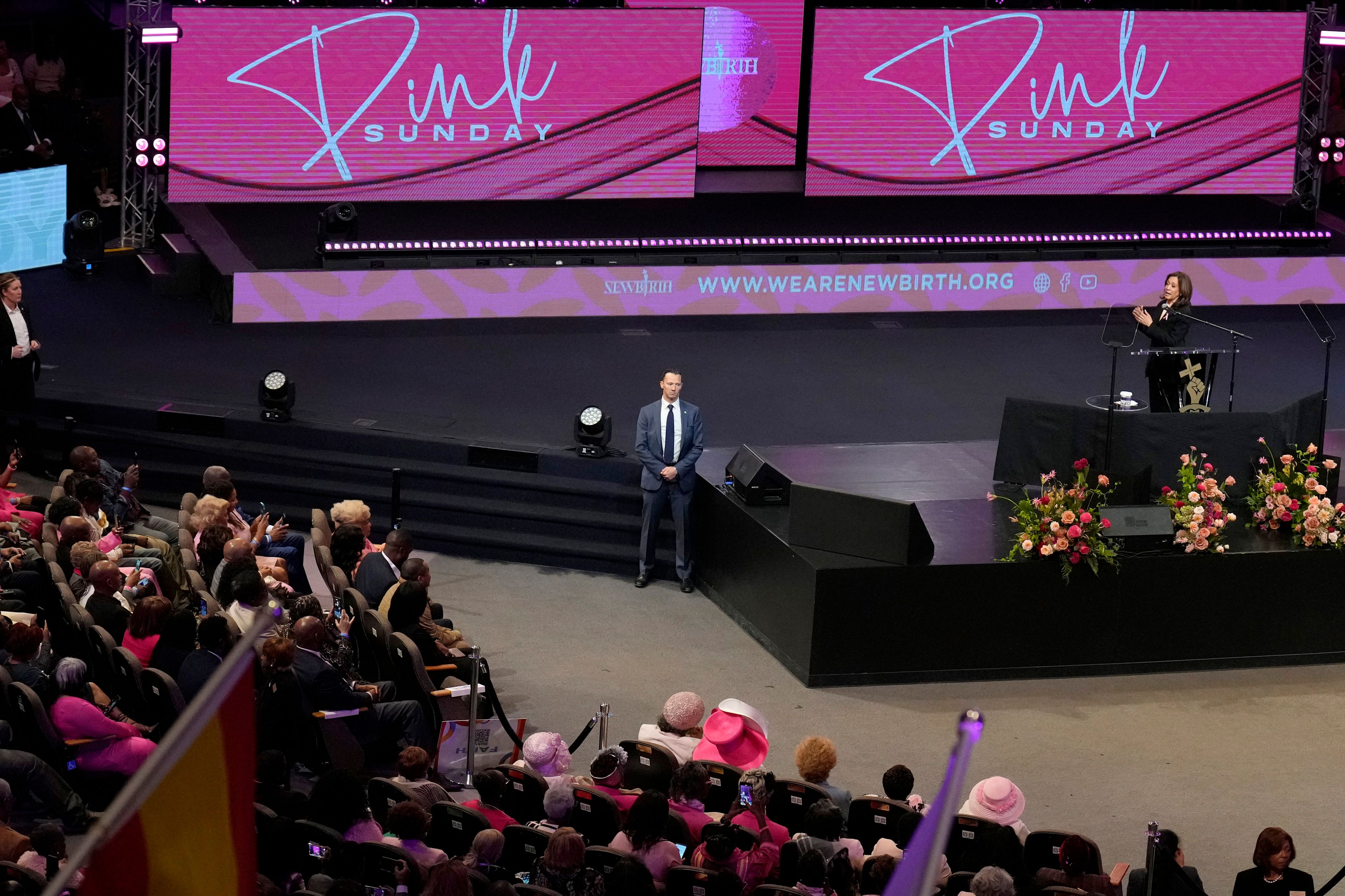 Democratic presidential nominee Vice President Kamala Harris speaks at a church service at New Birth Baptist Church in Stonecrest, Ga., Sunday, Oct. 20, 2024. (AP Photo/Jacquelyn Martin)