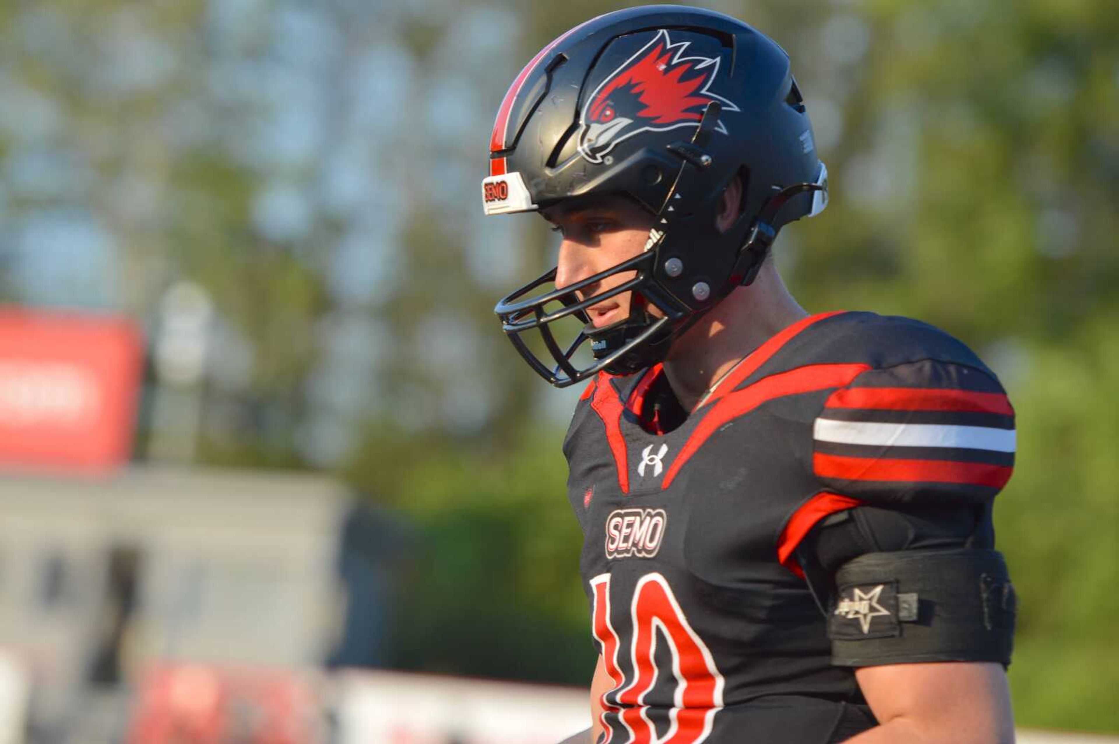 Southeast Missouri State senior quarterback Paxton DeLaurent walks toward the sideline following a touchdown against Tennessee Tech on Oct. 12 at Houck Field in Cape Girardeau.