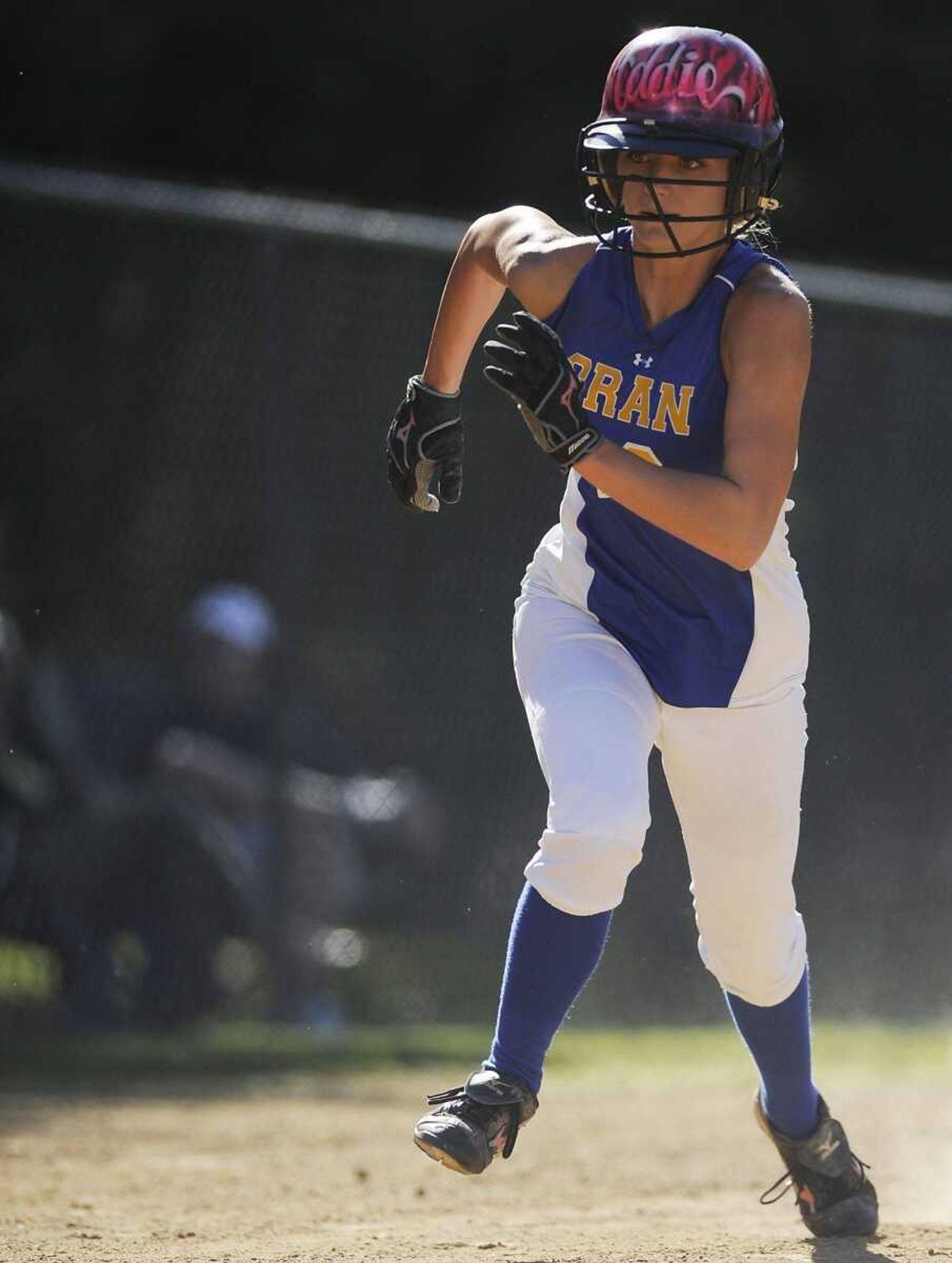 Oran&#8217;s Addie Kielhofner runs for home during the Eagles&#8217; 13-3 five-inning win over the Delta Bobcats Wednesday. (ADAM VOGLER)