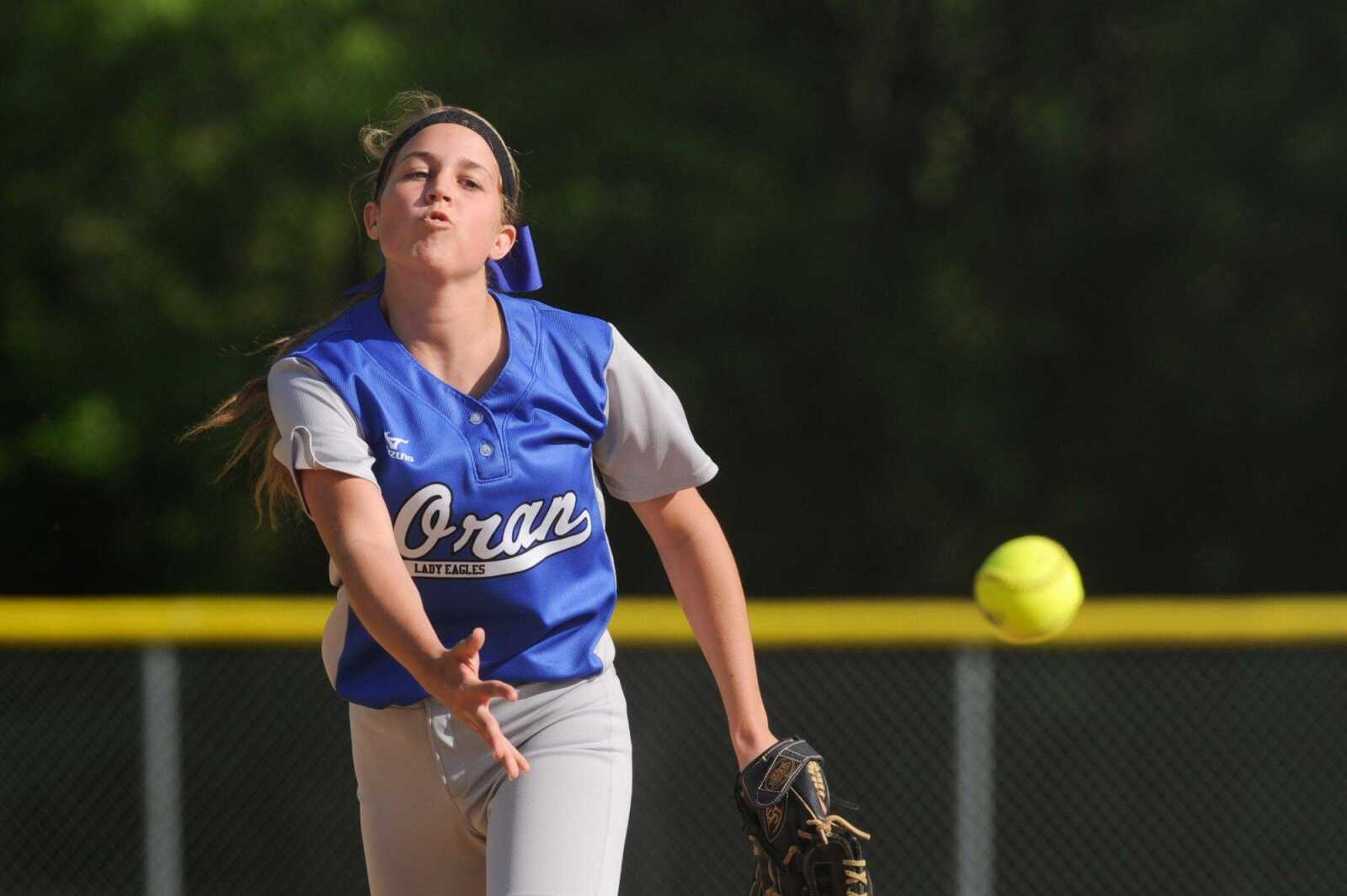 Oran's Mackenzie Graviett pitches to a Leopold batter in the first inning during a Class 1 District 4 semifinal Tuesday, May 3, 2016 in Marble Hill, Missouri.