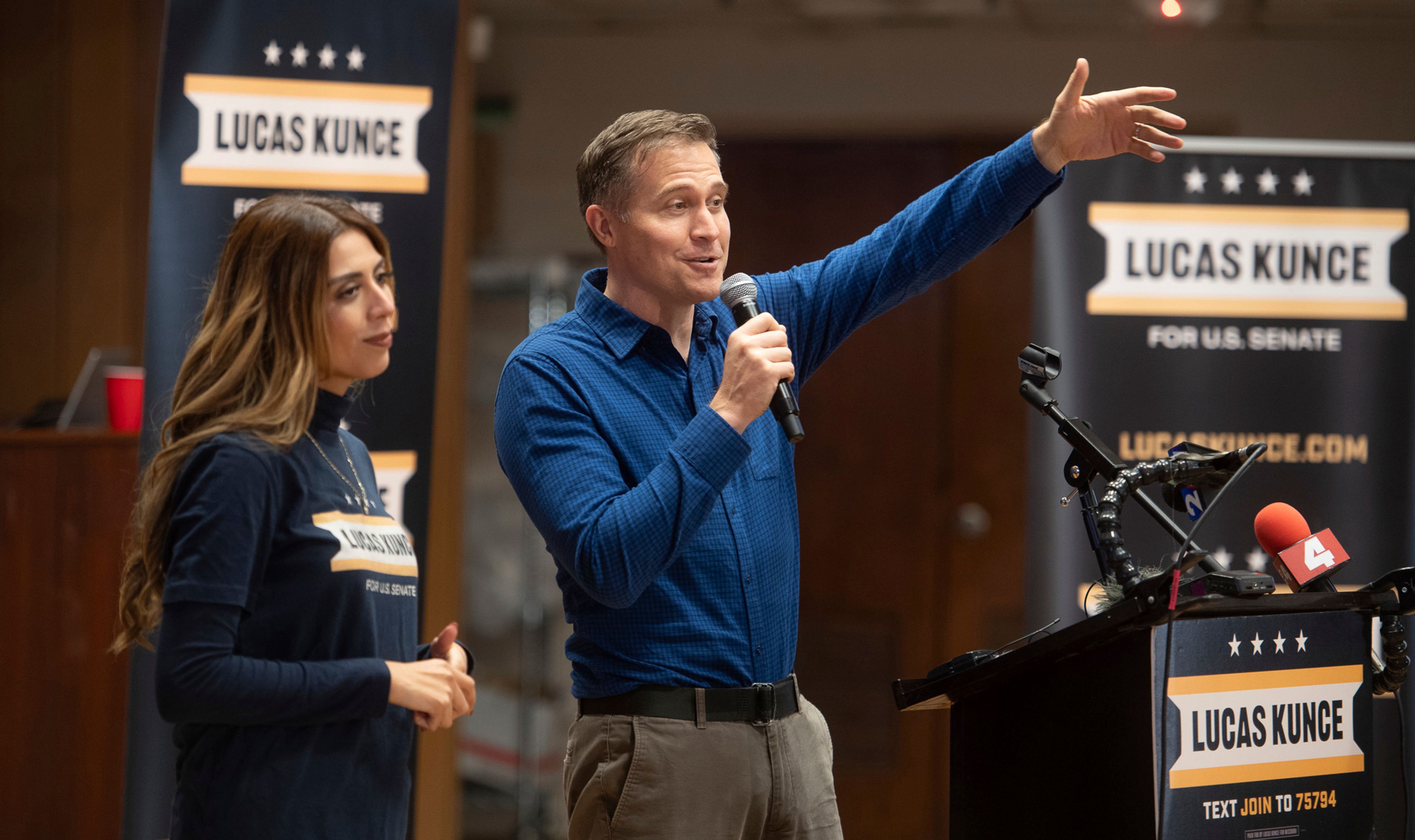 Missouri Democratic Party candidate for U.S. Senate Lucas Kunce, with his wife Marilyn, concedes the race to incumbent Republican Sen. Josh Hawley Tuesday, Nov. 5, 2024, at an election night watch party in Kansas City, Mo. (Chris Ochsner/The Kansas City Star via AP)