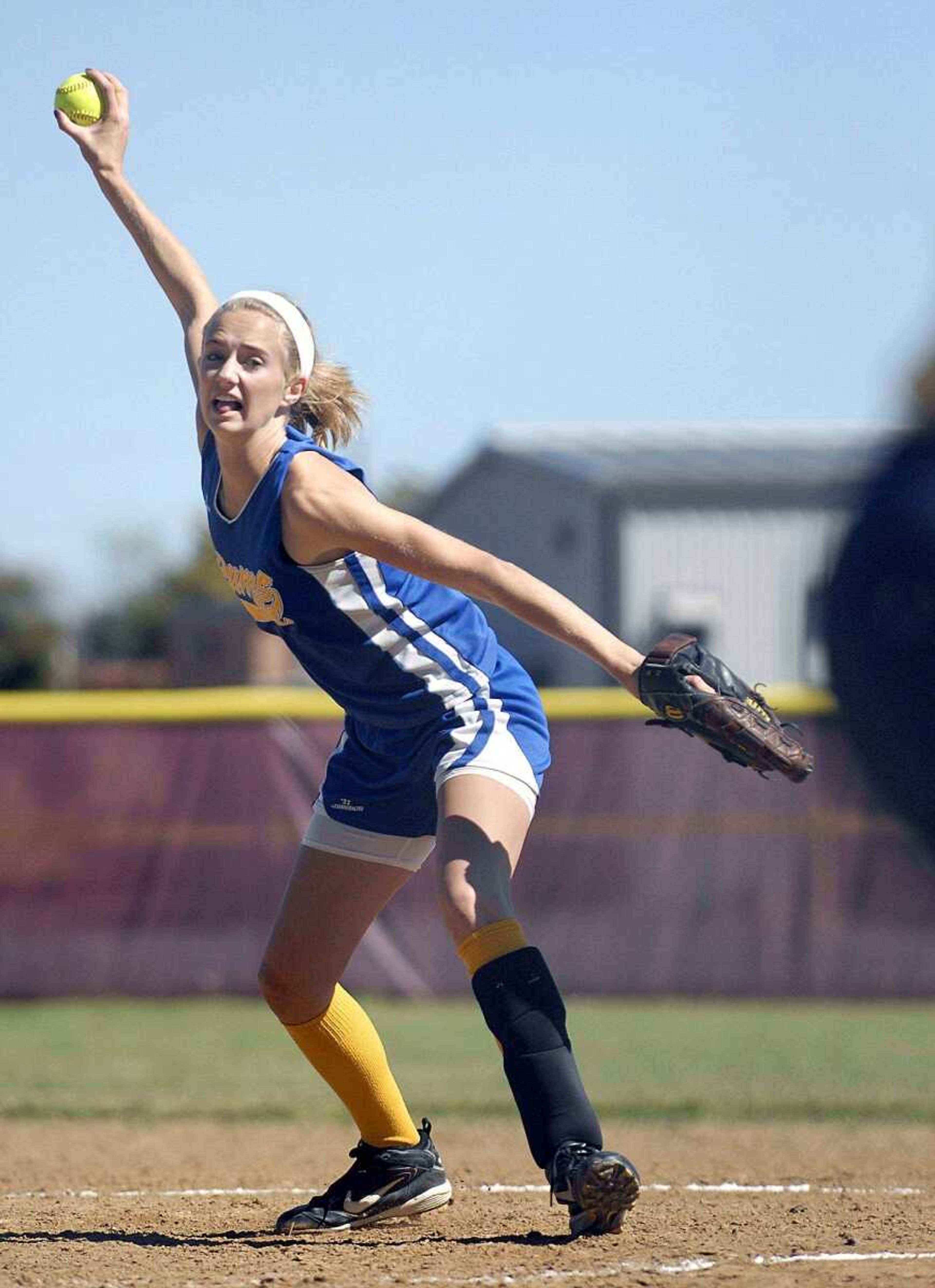 ELIZABETH DODD ~ edodd@semissourian.com
Scott City's Melanie Lacey winds a pitch to St. Pius in the second inning in the District Tournament at Kelly Thursday.